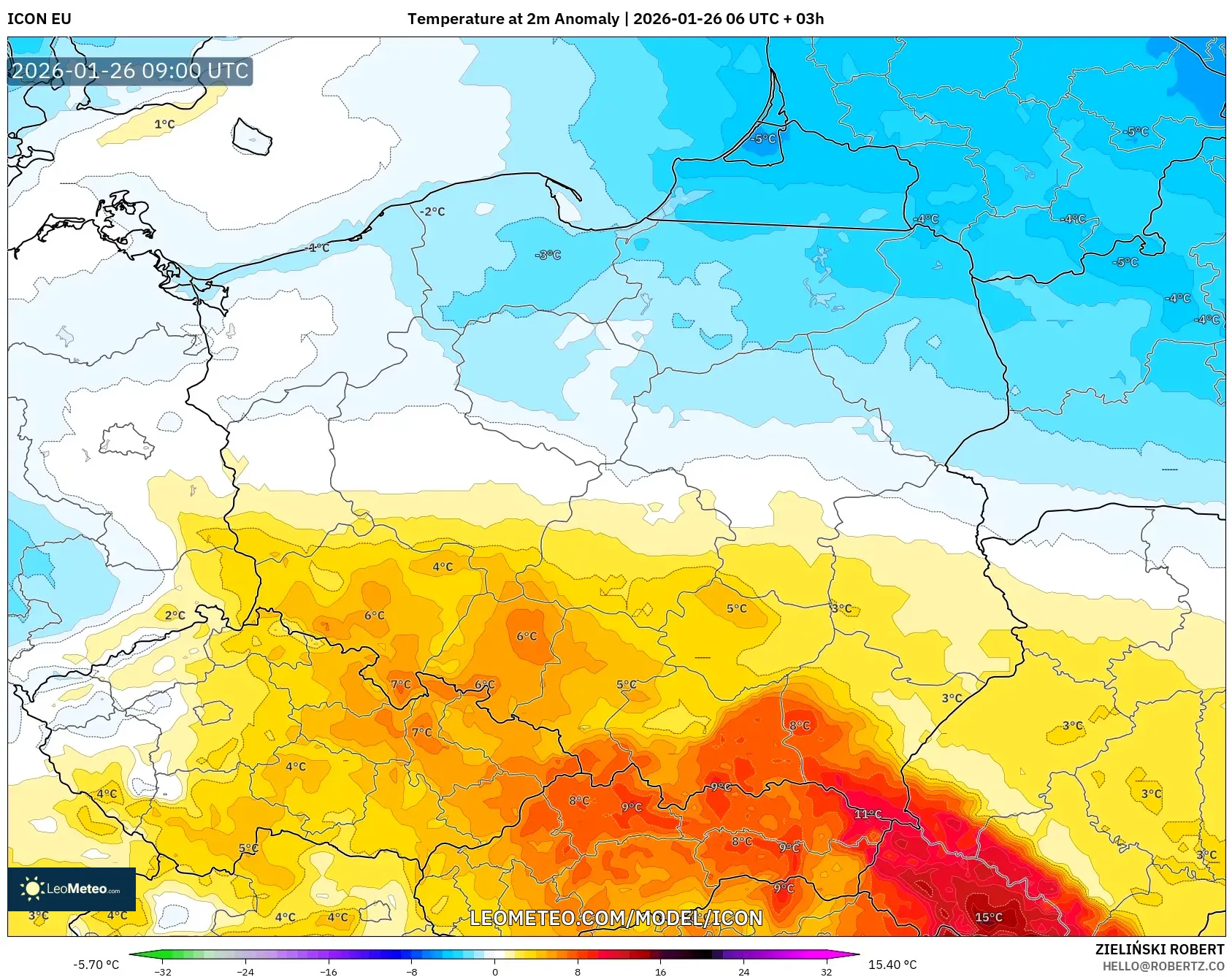 ICON model - Polonya, 2 m Sıcaklık Anomalisi