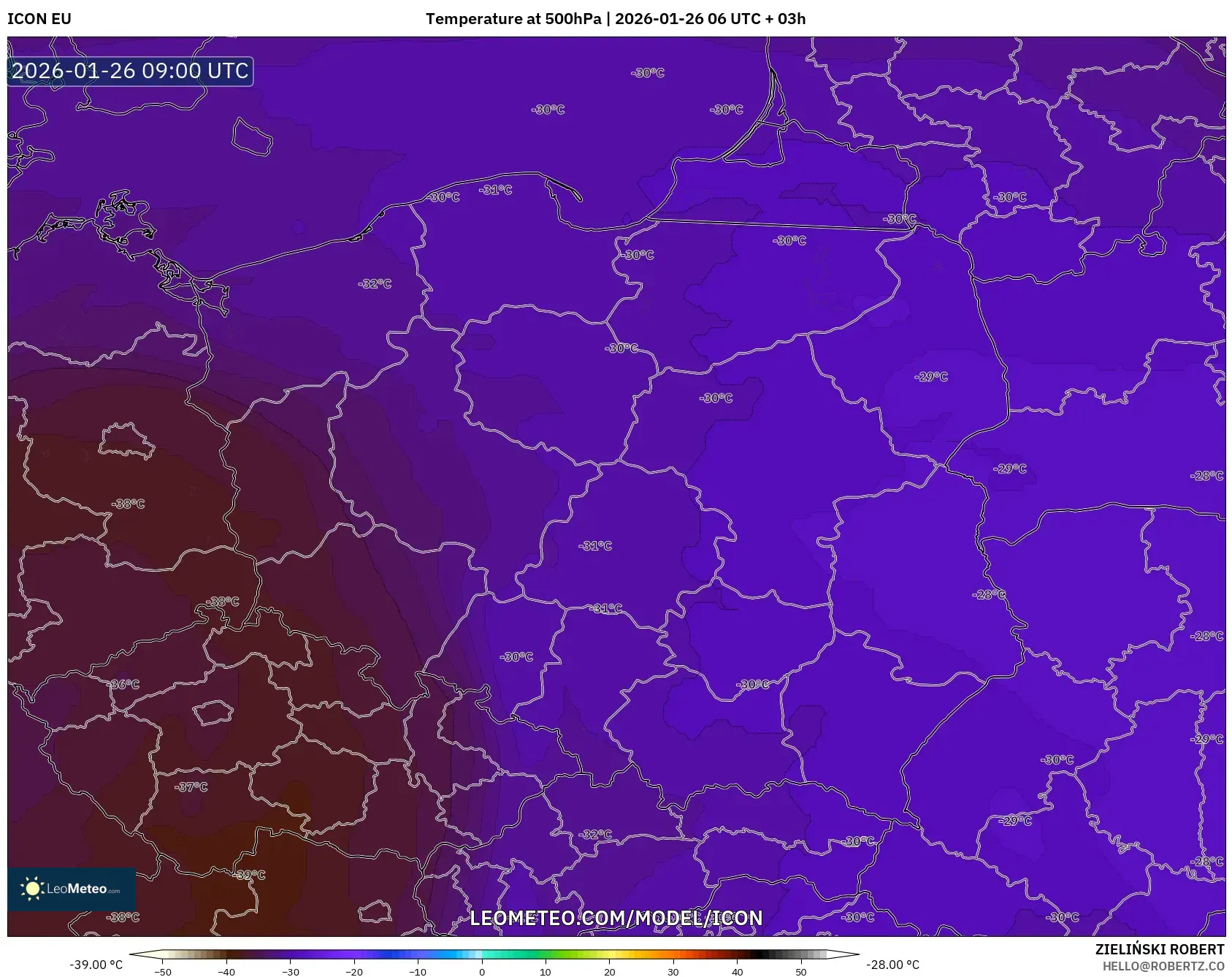 ICON model - Polonya, 500 hPa Sıcaklık
