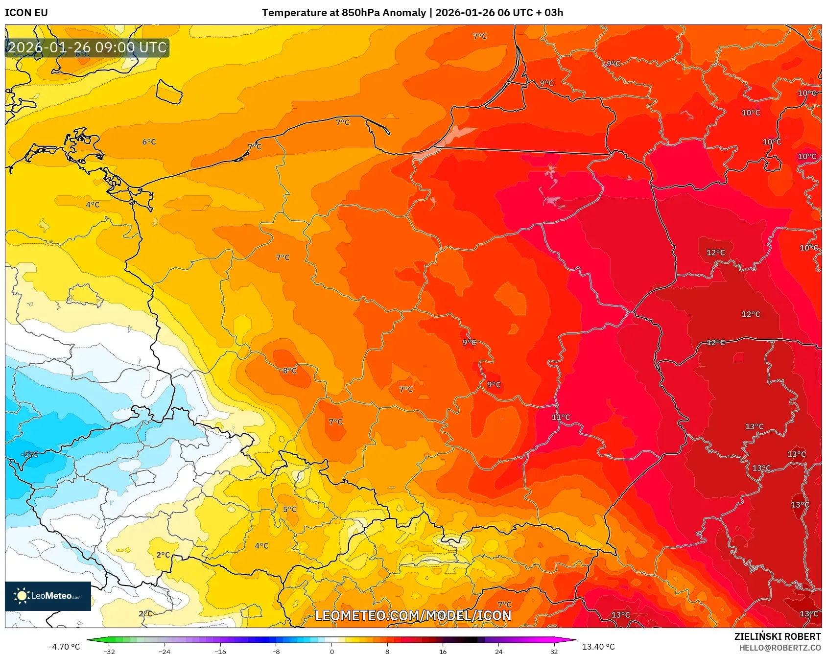 ICON model - Polonya, 850 hPa Sıcaklık Anomalisi