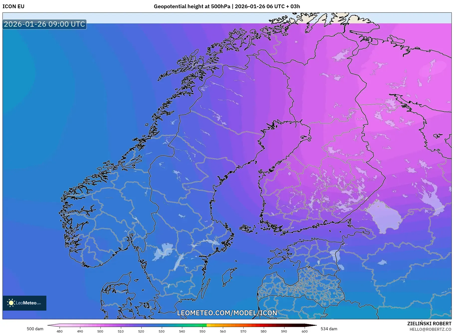 ICON model - İskandinavya, 500 hPa’da jeopotansiyel yükseklik