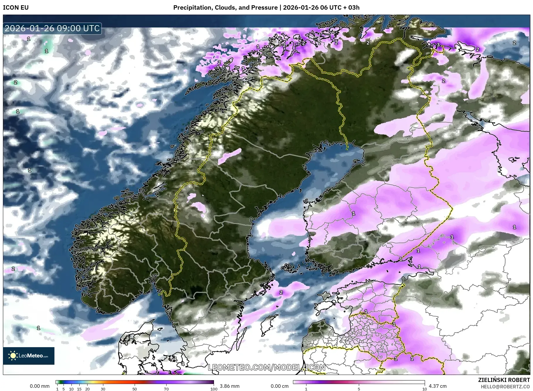 ICON model - İskandinavya, Yağış, Bulut ve Basınç