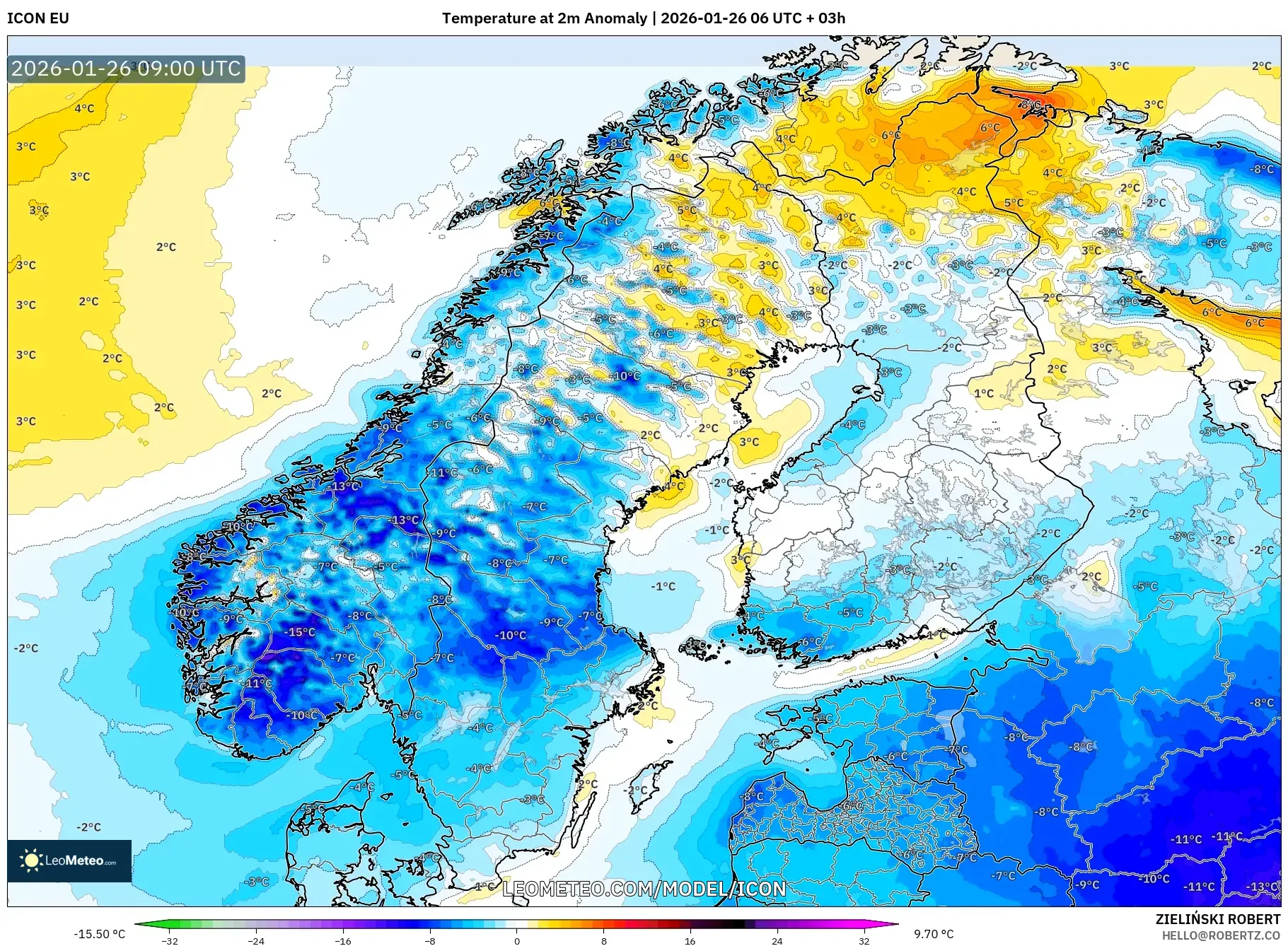 ICON model - İskandinavya, 2 m Sıcaklık Anomalisi
