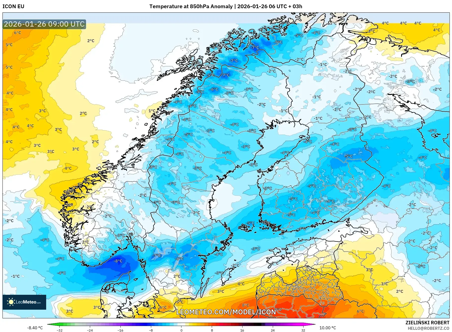 ICON model - İskandinavya, 850 hPa Sıcaklık Anomalisi