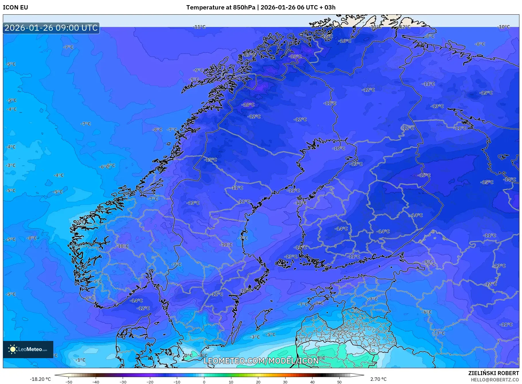 ICON model - İskandinavya, 850 hPa Sıcaklık