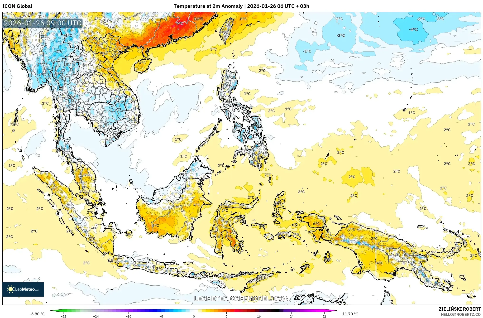ICON model - Güneydoğu Asya, 2 m Sıcaklık Anomalisi