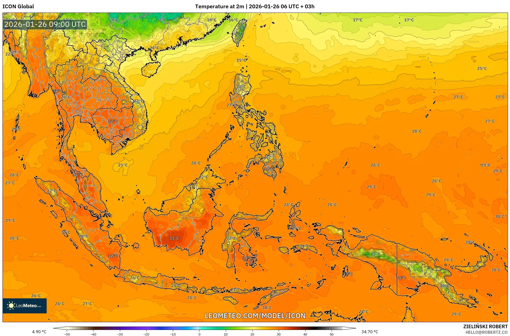 ICON model - Güneydoğu Asya, 2 m Sıcaklık