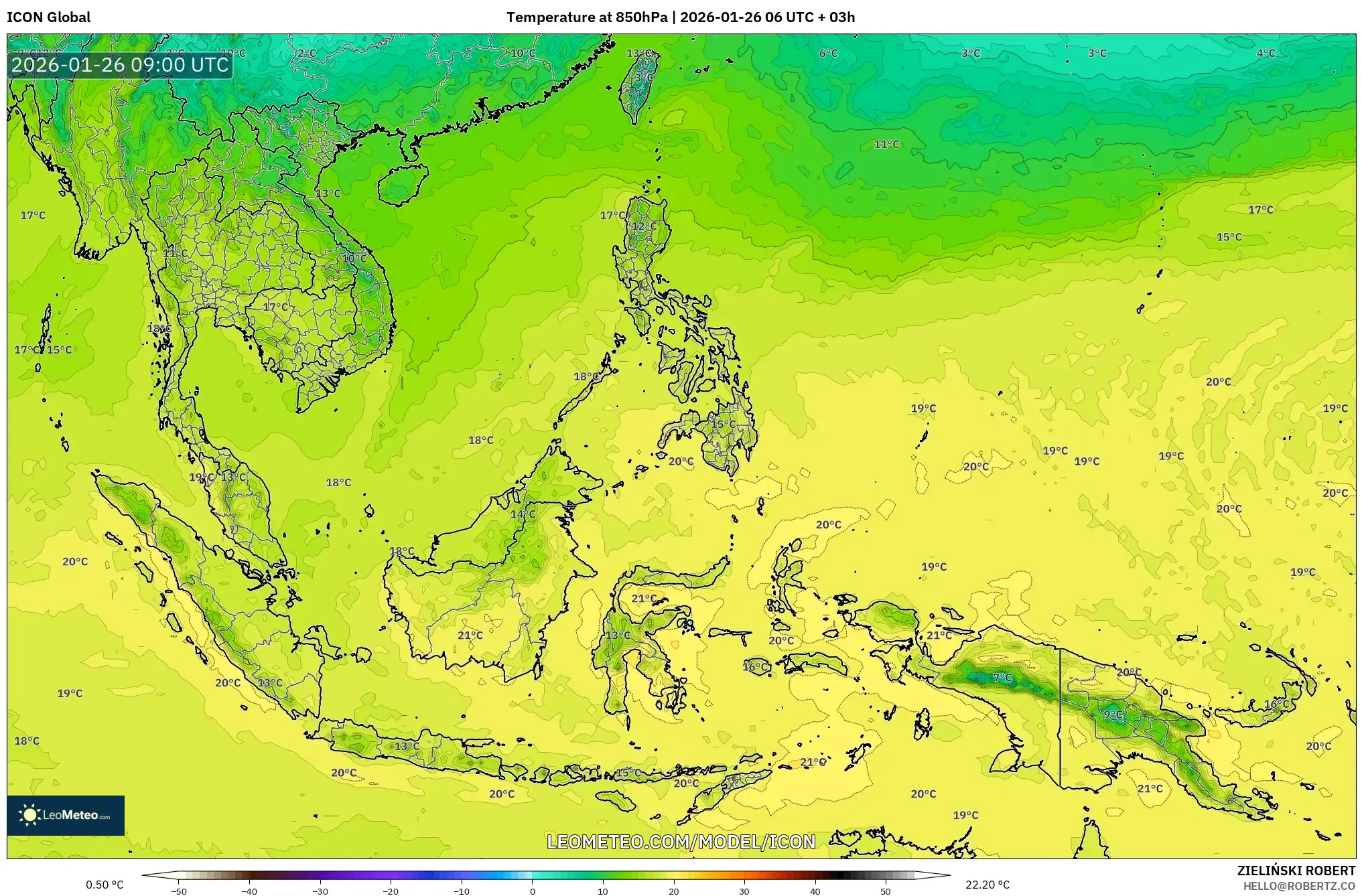ICON model - Güneydoğu Asya, 850 hPa Sıcaklık