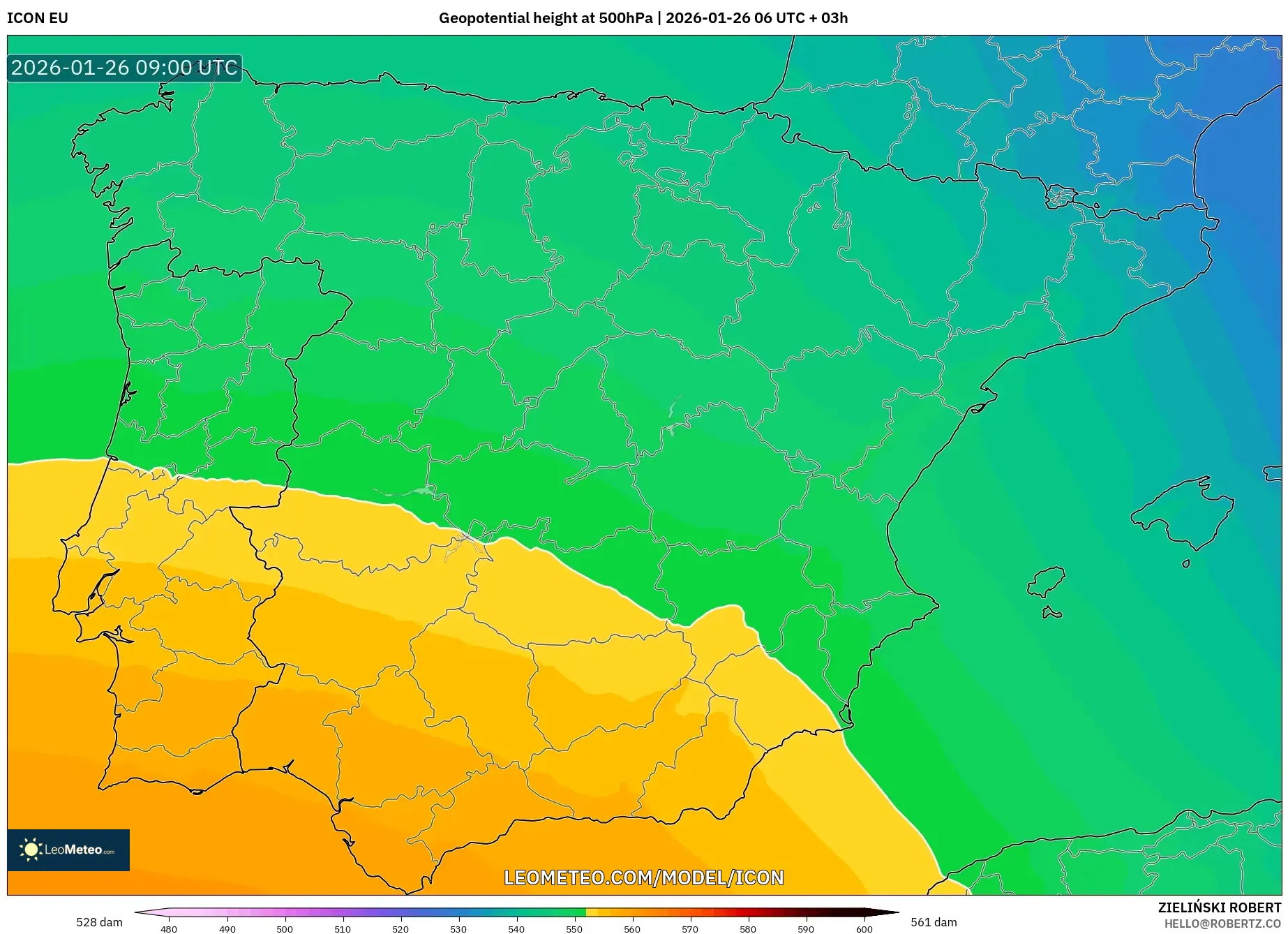 ICON model - İspanya, 500 hPa’da jeopotansiyel yükseklik
