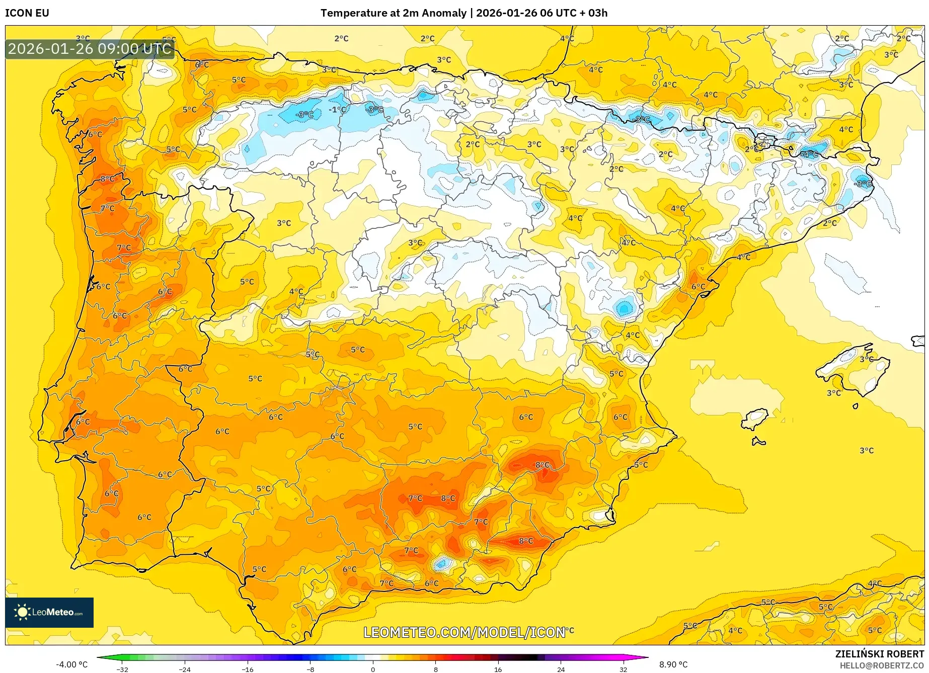 ICON model - İspanya, 2 m Sıcaklık Anomalisi