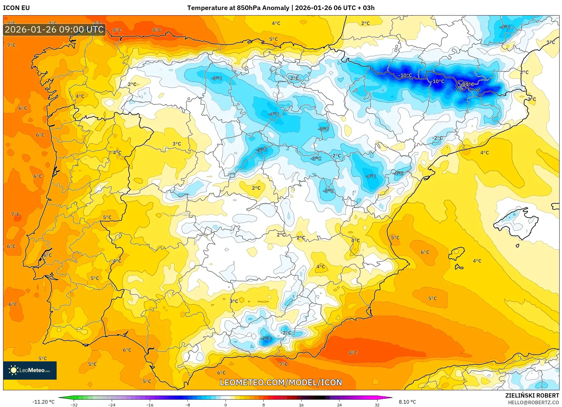 ICON model - İspanya, 850 hPa Sıcaklık Anomalisi