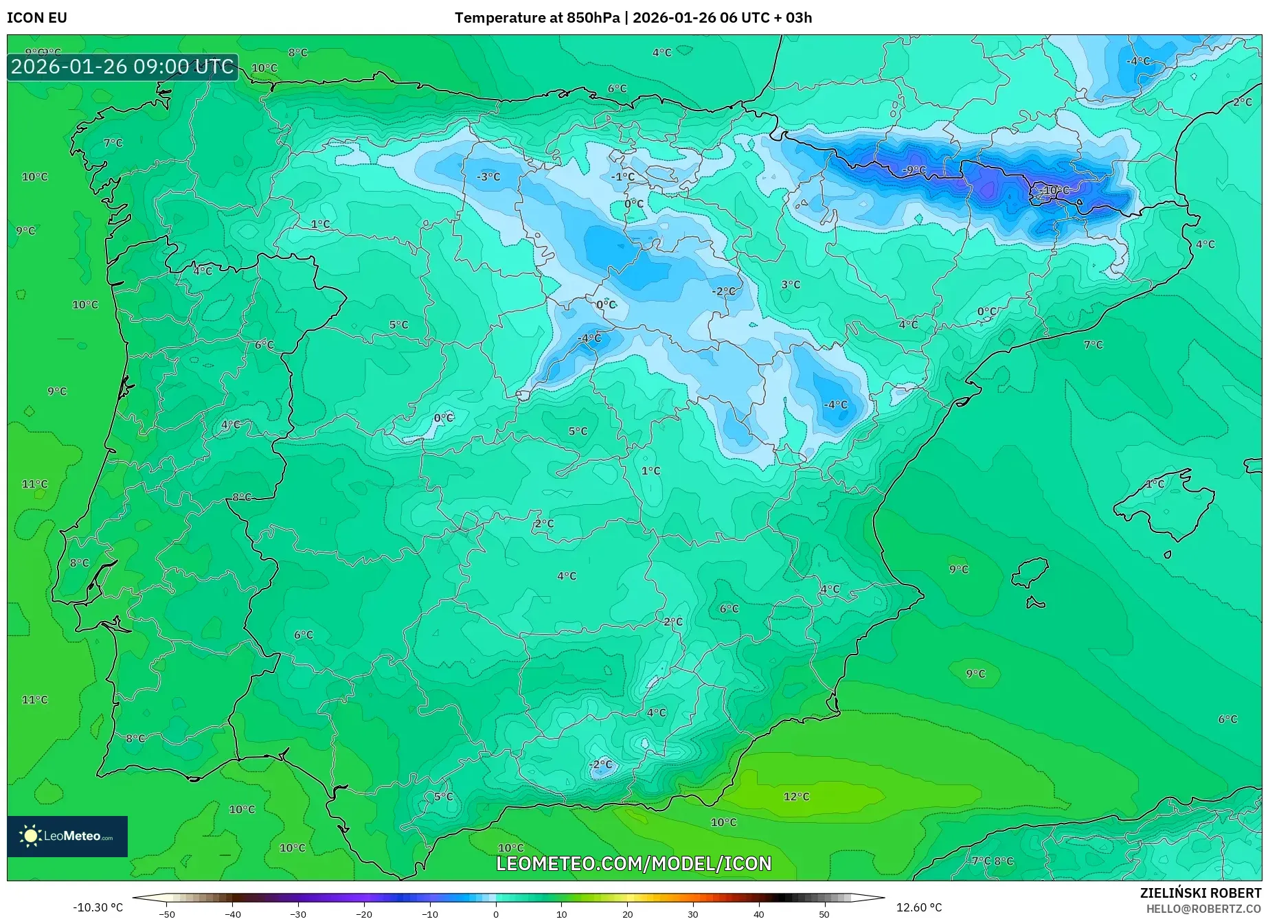ICON model - İspanya, 850 hPa Sıcaklık