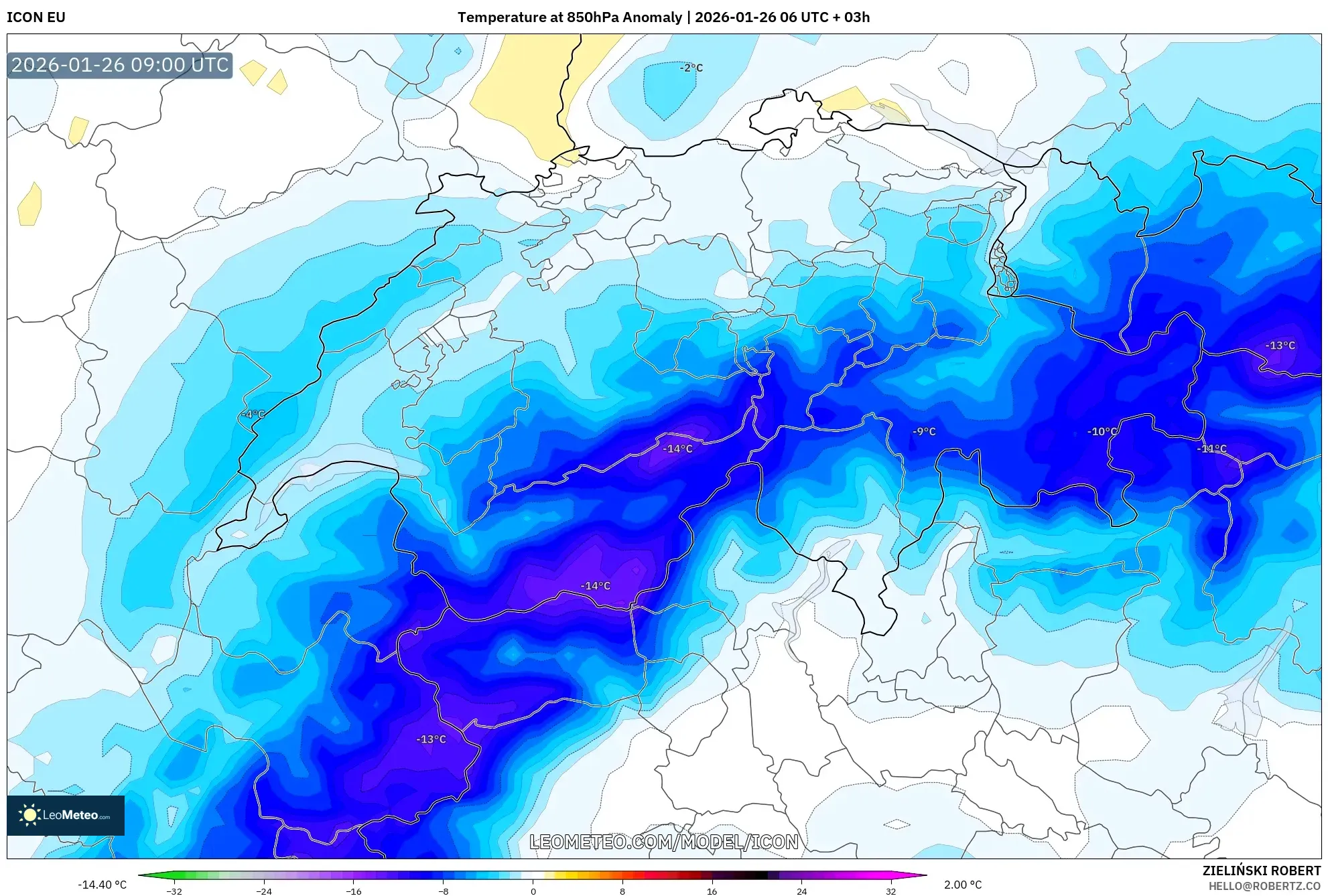 ICON model - İsviçre, 850 hPa Sıcaklık Anomalisi