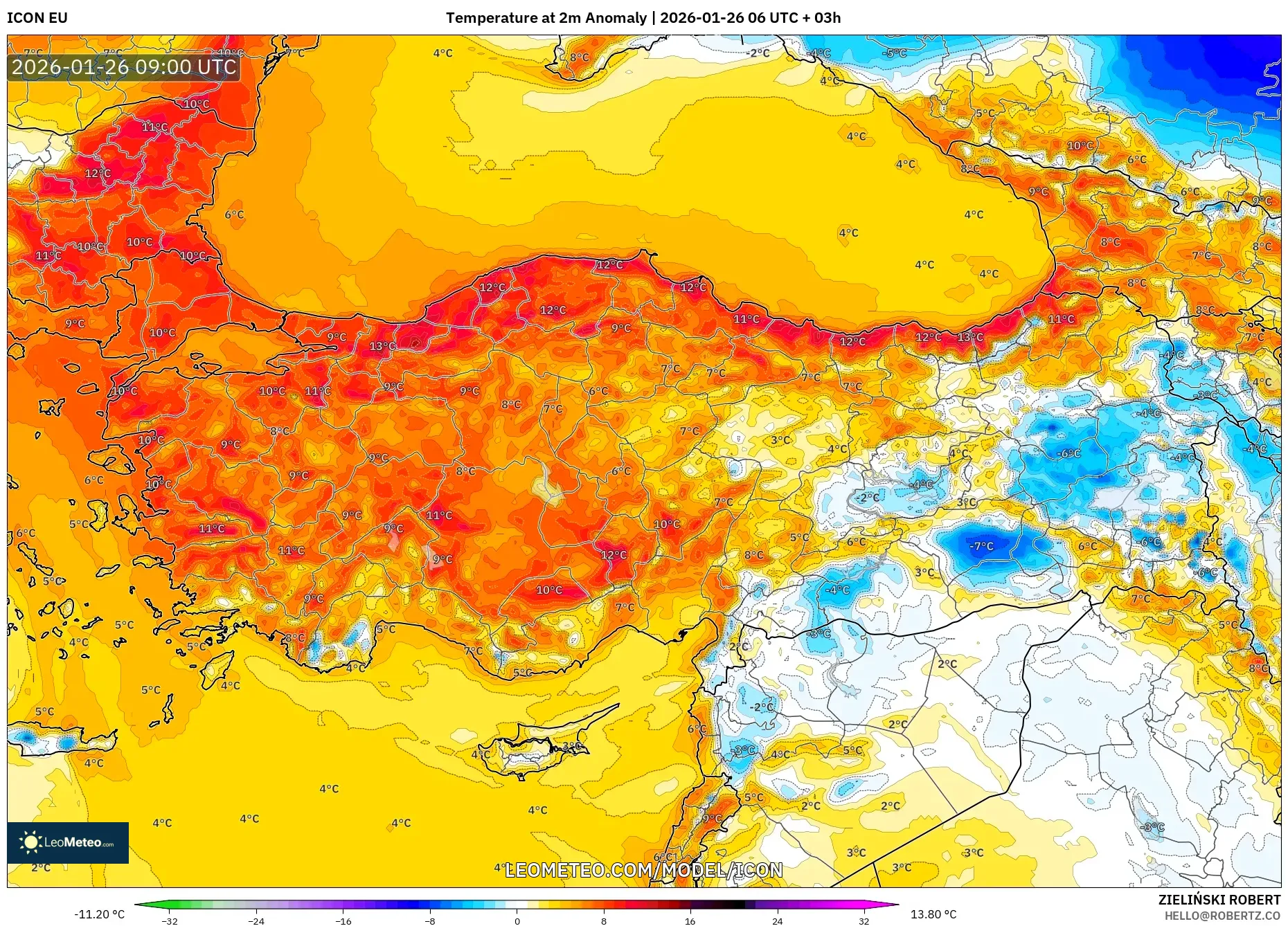ICON model - Türkiye, 2 m Sıcaklık Anomalisi