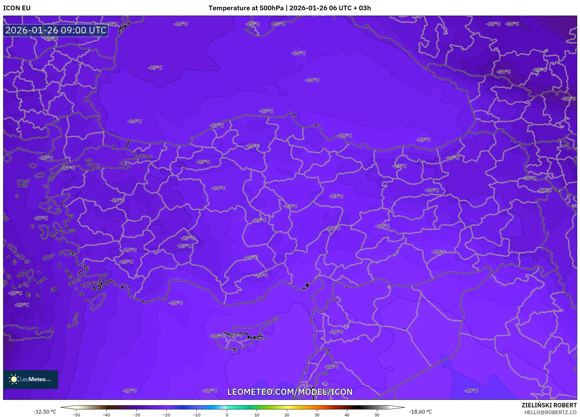 ICON model - Türkiye, 500 hPa Sıcaklık