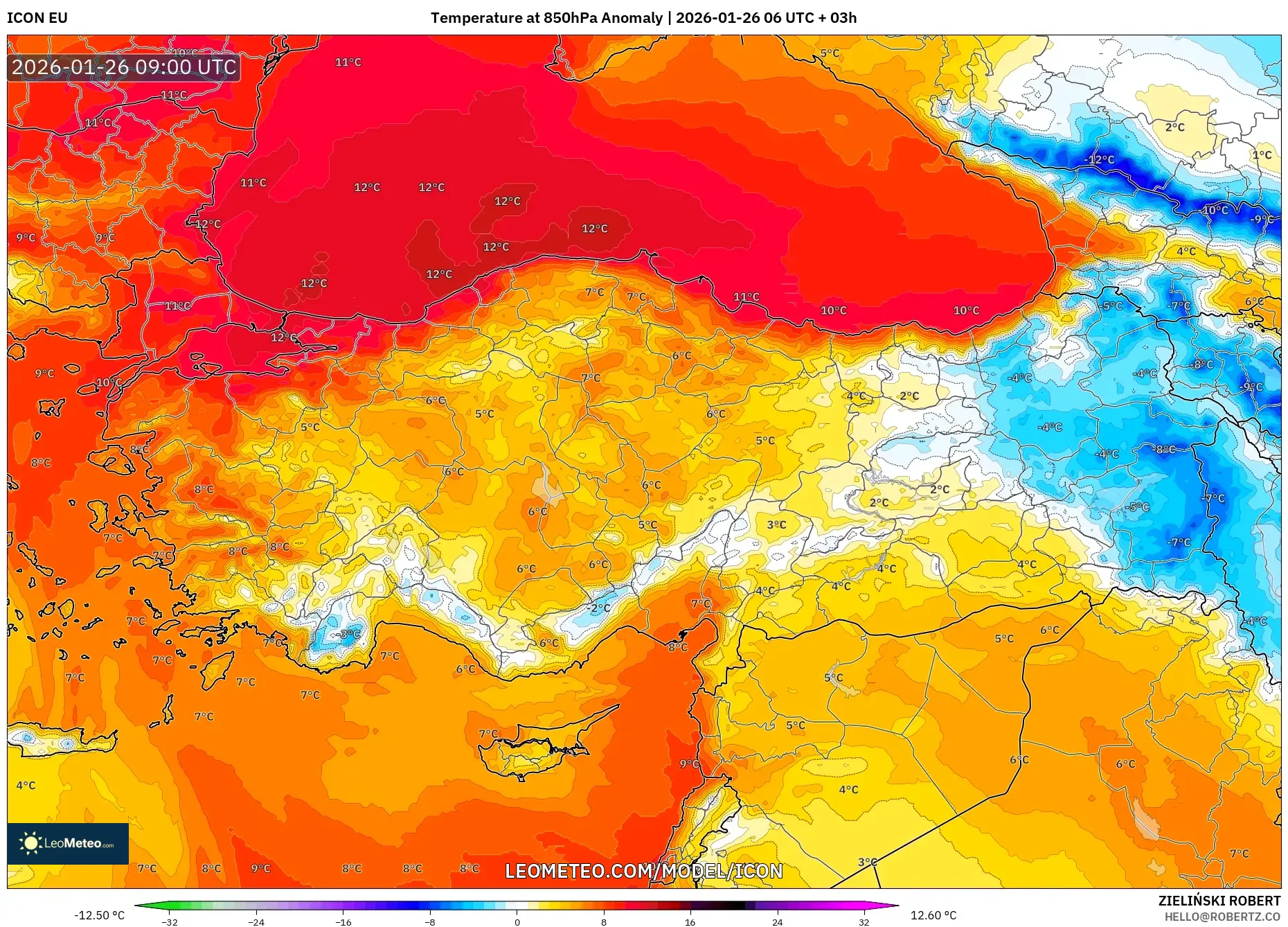 ICON model - Türkiye, 850 hPa Sıcaklık Anomalisi