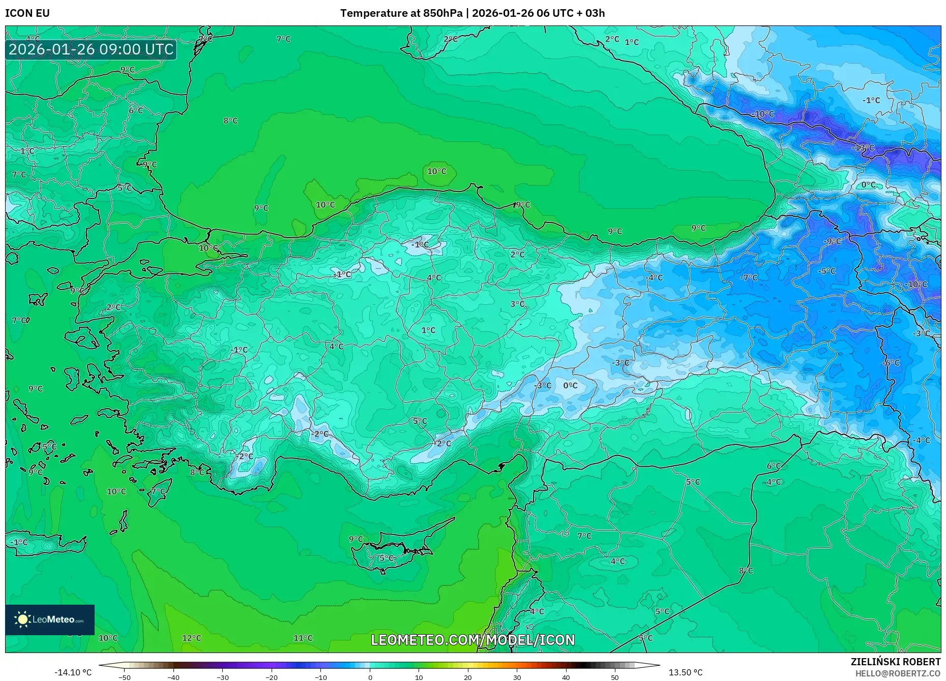 ICON model - Türkiye, 850 hPa Sıcaklık