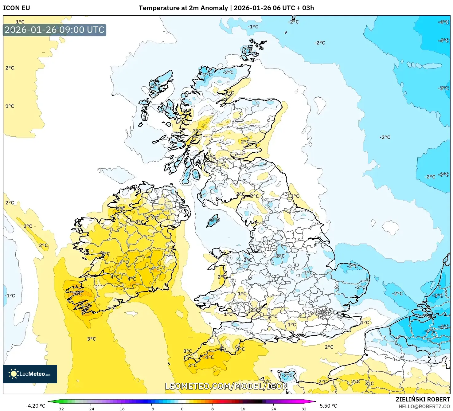 ICON model - Birleşik Krallık, 2 m Sıcaklık Anomalisi