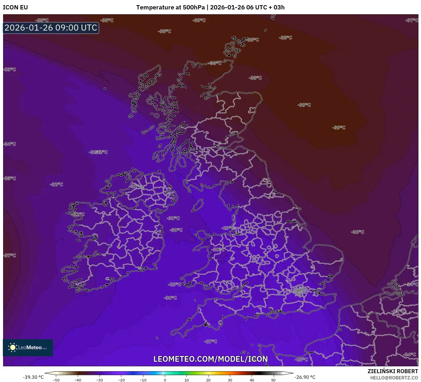 ICON model - Birleşik Krallık, 500 hPa Sıcaklık
