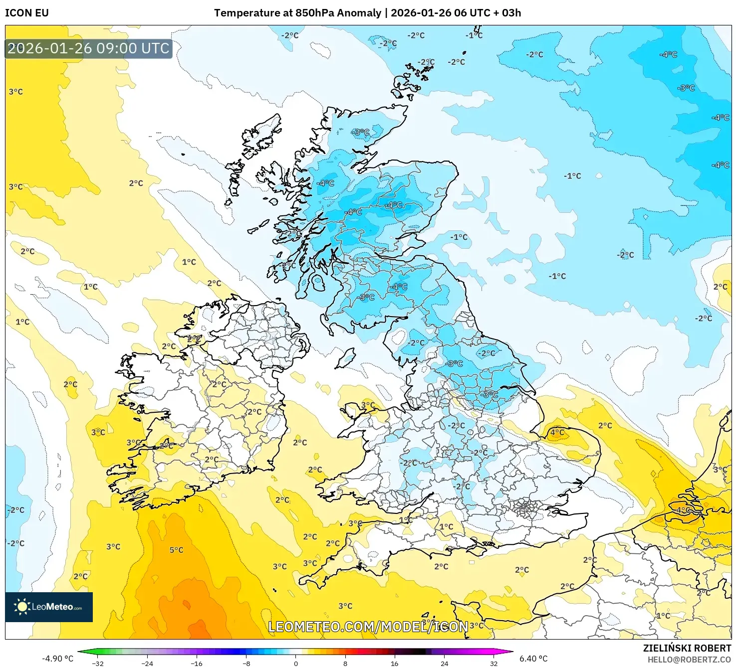 ICON model - Birleşik Krallık, 850 hPa Sıcaklık Anomalisi