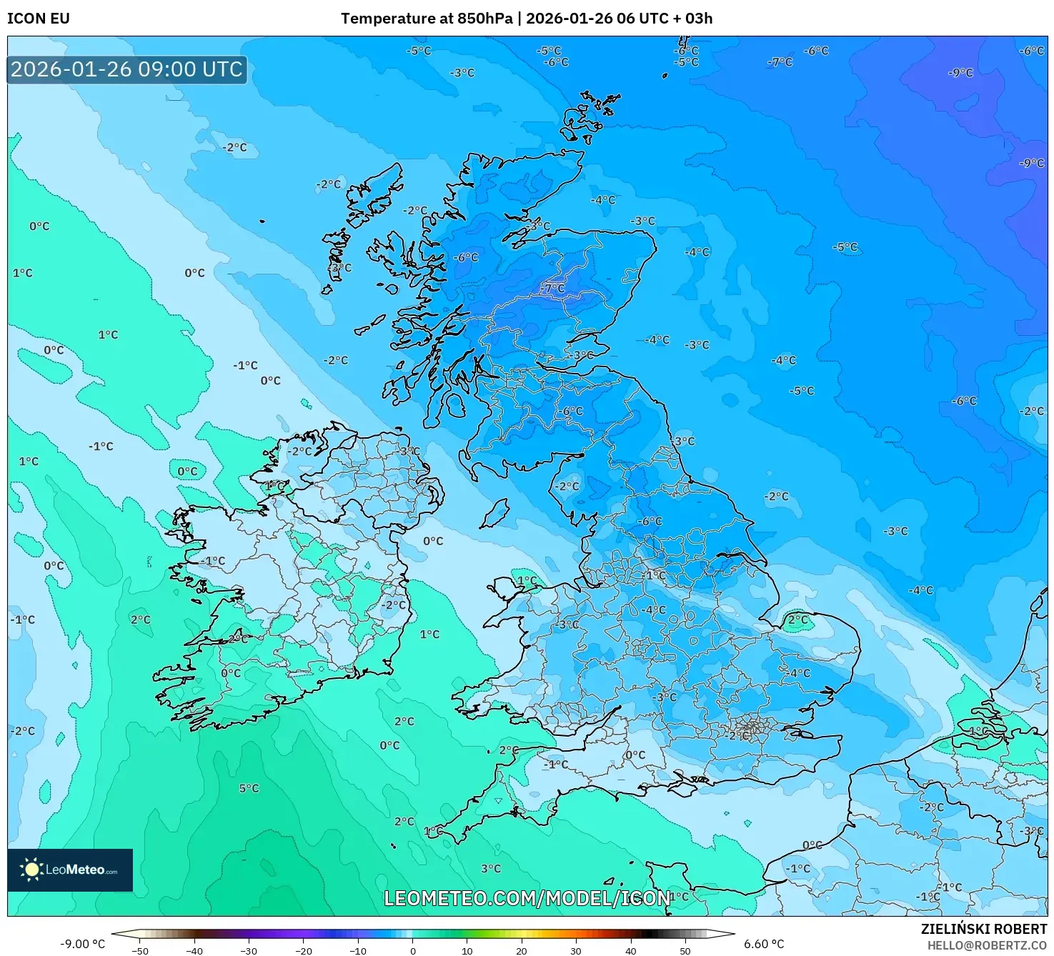 ICON model - Birleşik Krallık, 850 hPa Sıcaklık