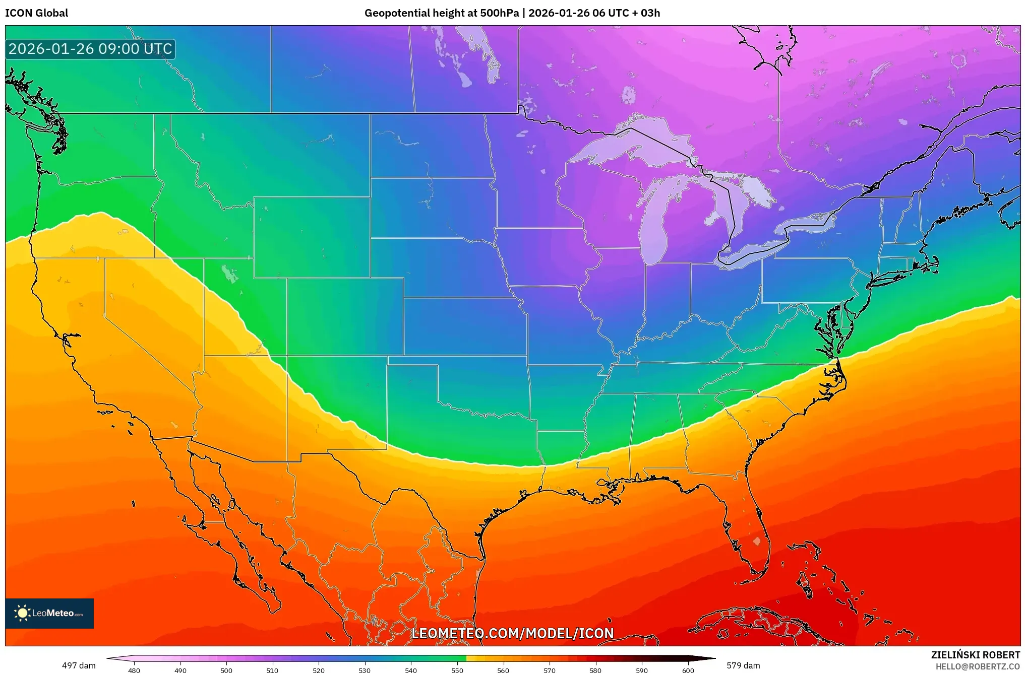 ICON model - Amerika Birleşik Devletleri, 500 hPa’da jeopotansiyel yükseklik