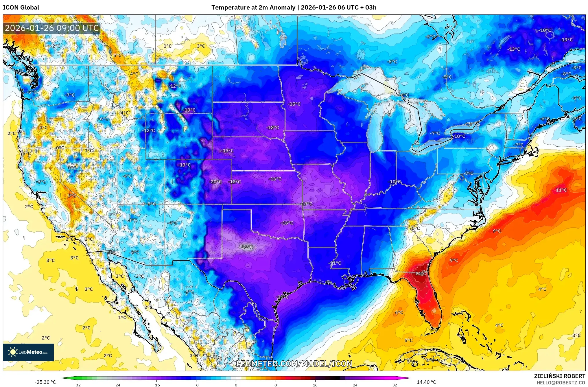 ICON model - Amerika Birleşik Devletleri, 2 m Sıcaklık Anomalisi