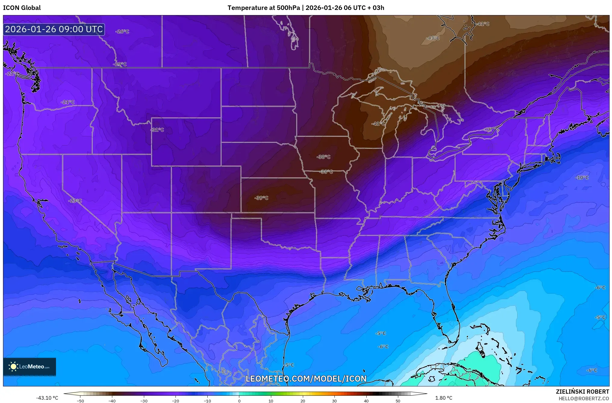 ICON model - Amerika Birleşik Devletleri, 500 hPa Sıcaklık