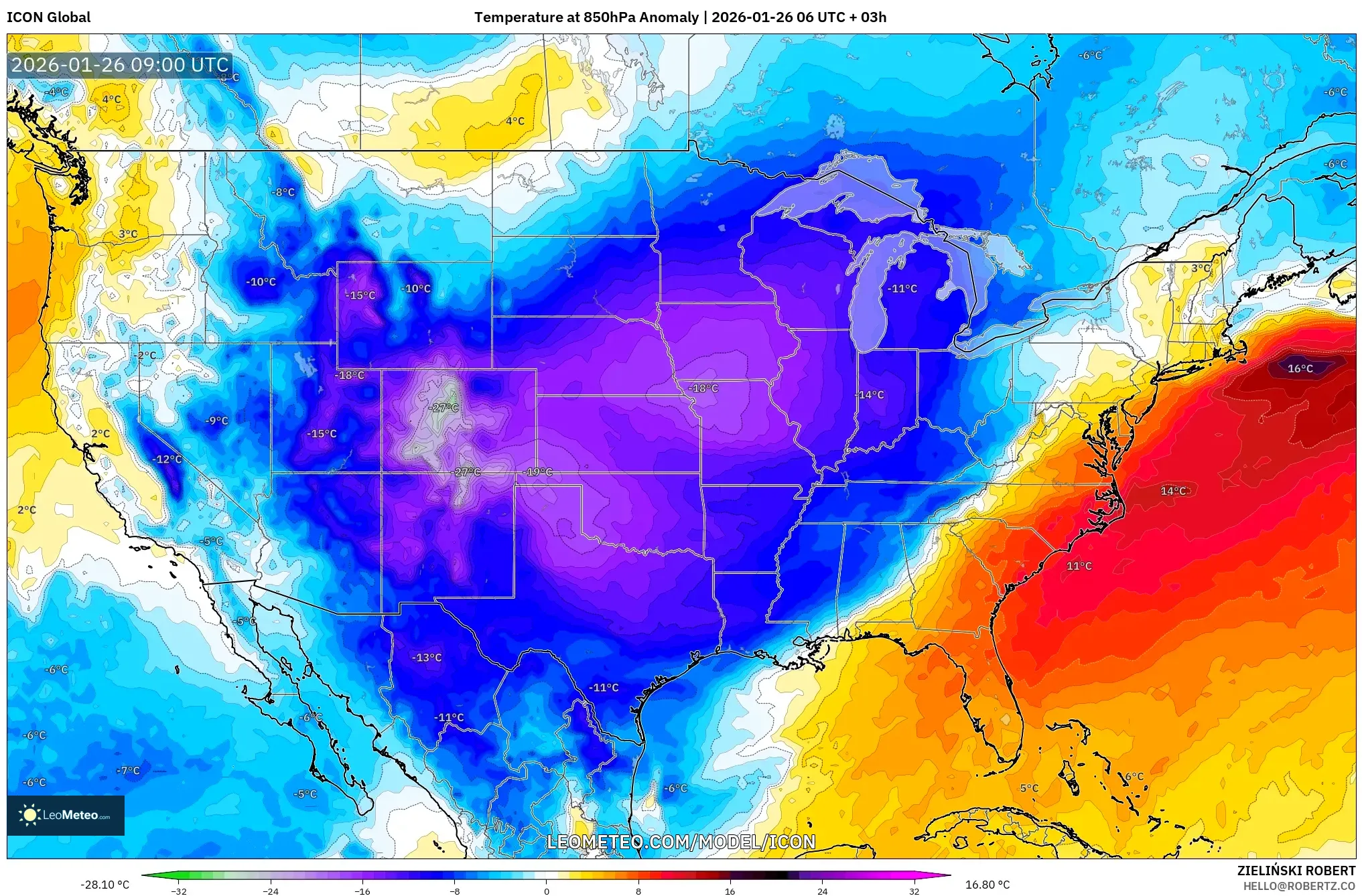 ICON model - Amerika Birleşik Devletleri, 850 hPa Sıcaklık Anomalisi