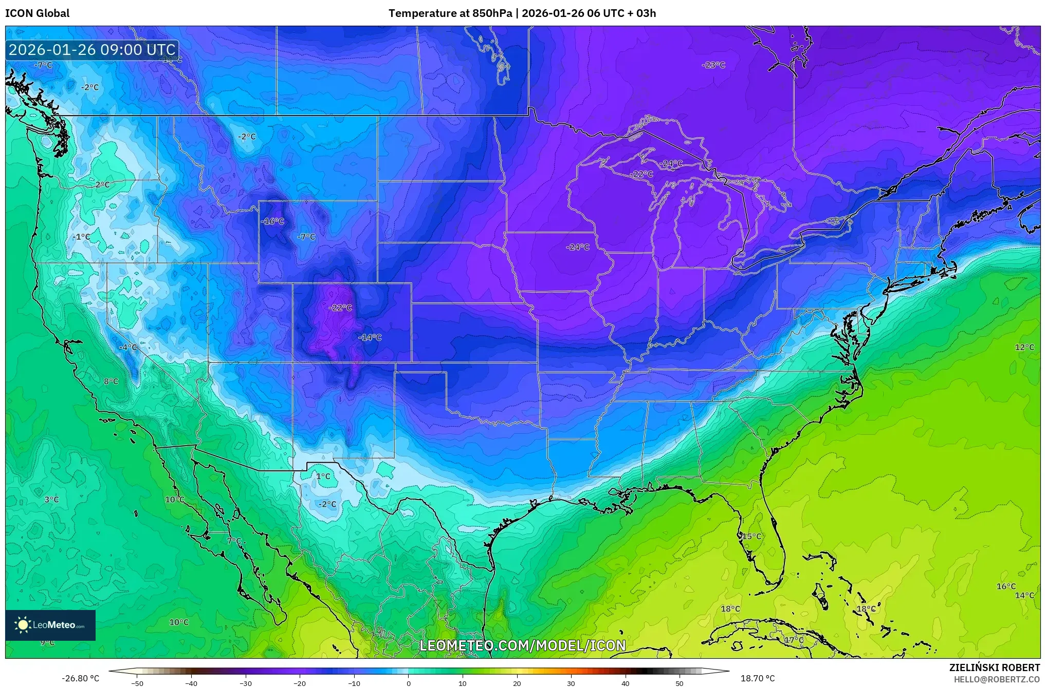 ICON model - Amerika Birleşik Devletleri, 850 hPa Sıcaklık