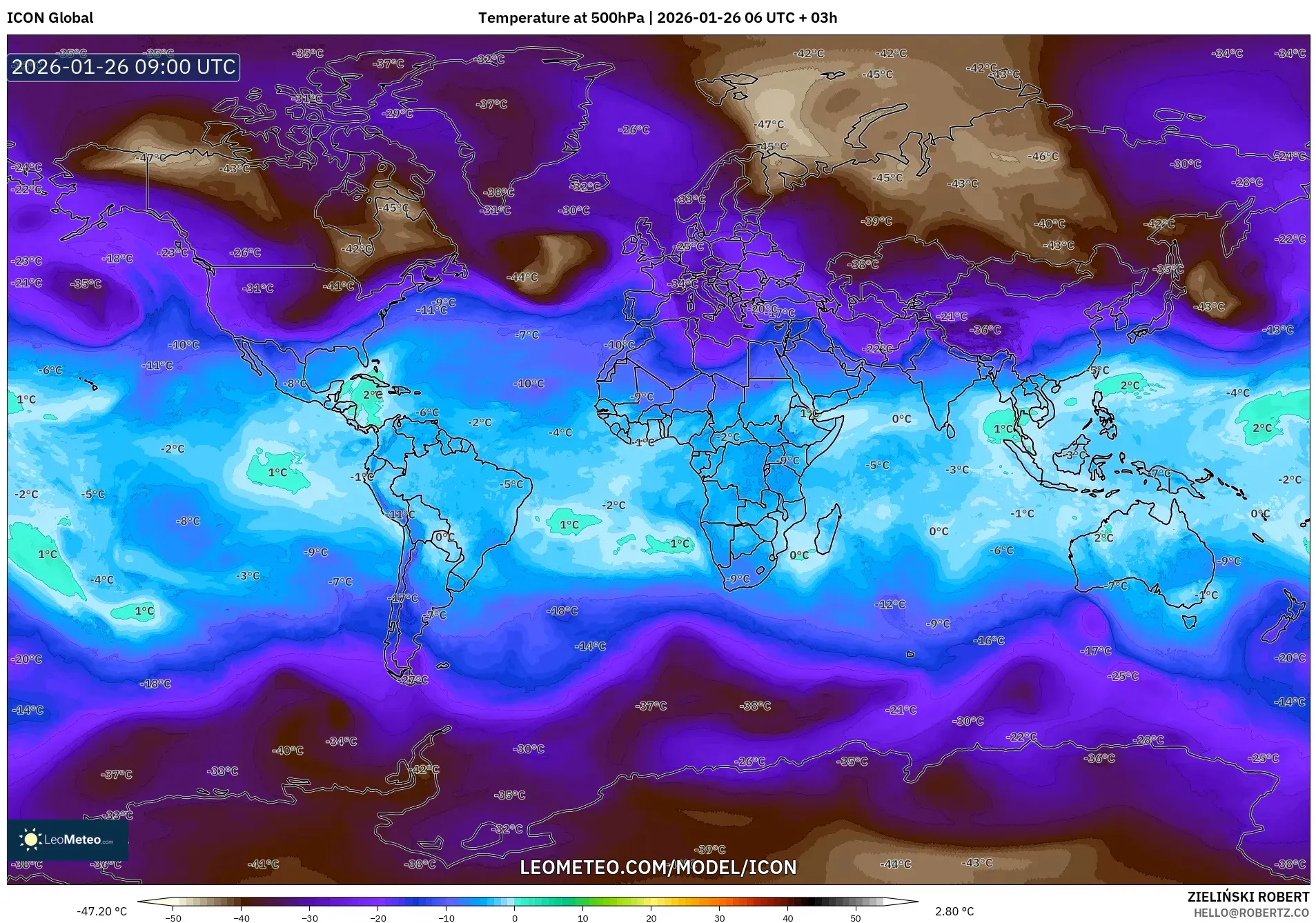 ICON model - Dünya, 500 hPa Sıcaklık