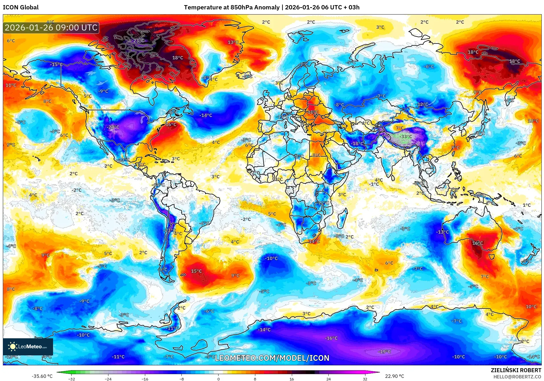 ICON model - Dünya, 850 hPa Sıcaklık Anomalisi