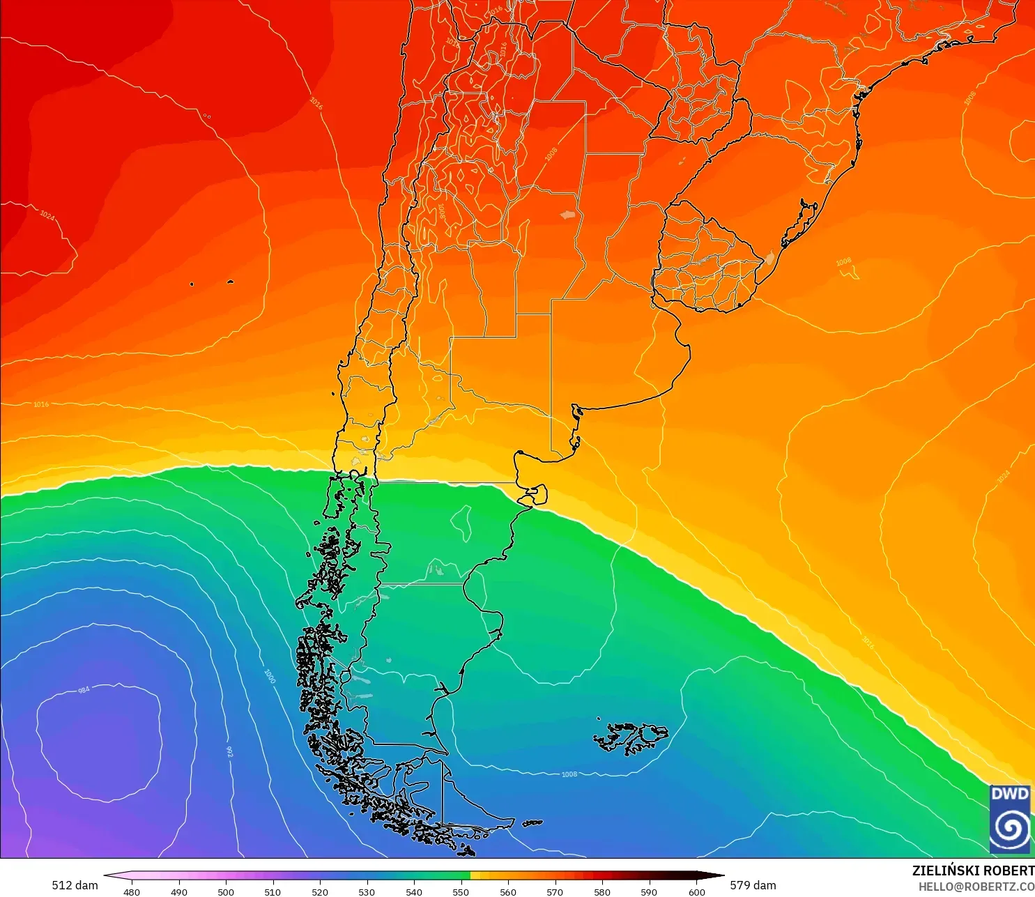 ICON model - Arjantin, 500 hPa’da jeopotansiyel yükseklik