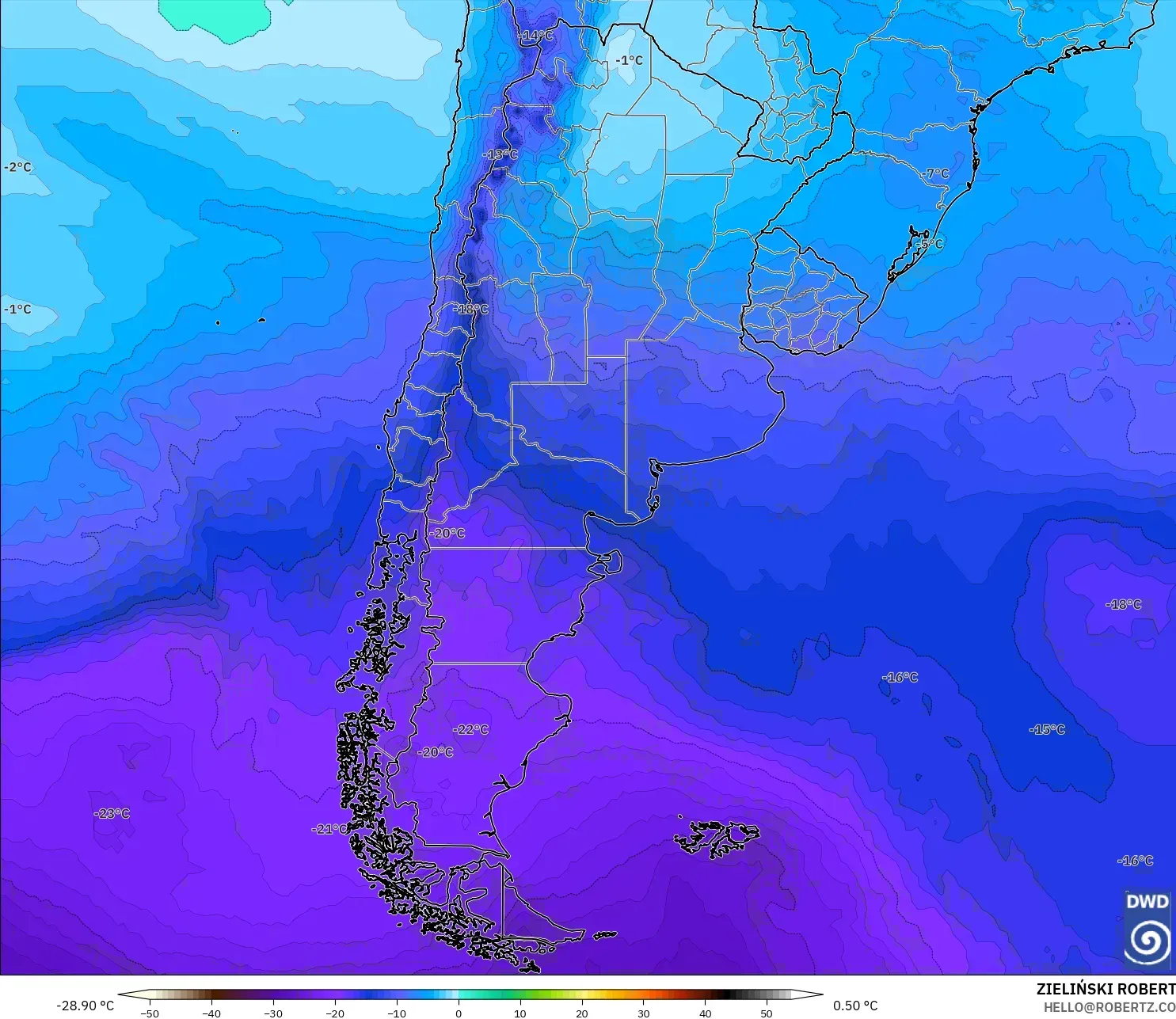 ICON model - Arjantin, 500 hPa Sıcaklık