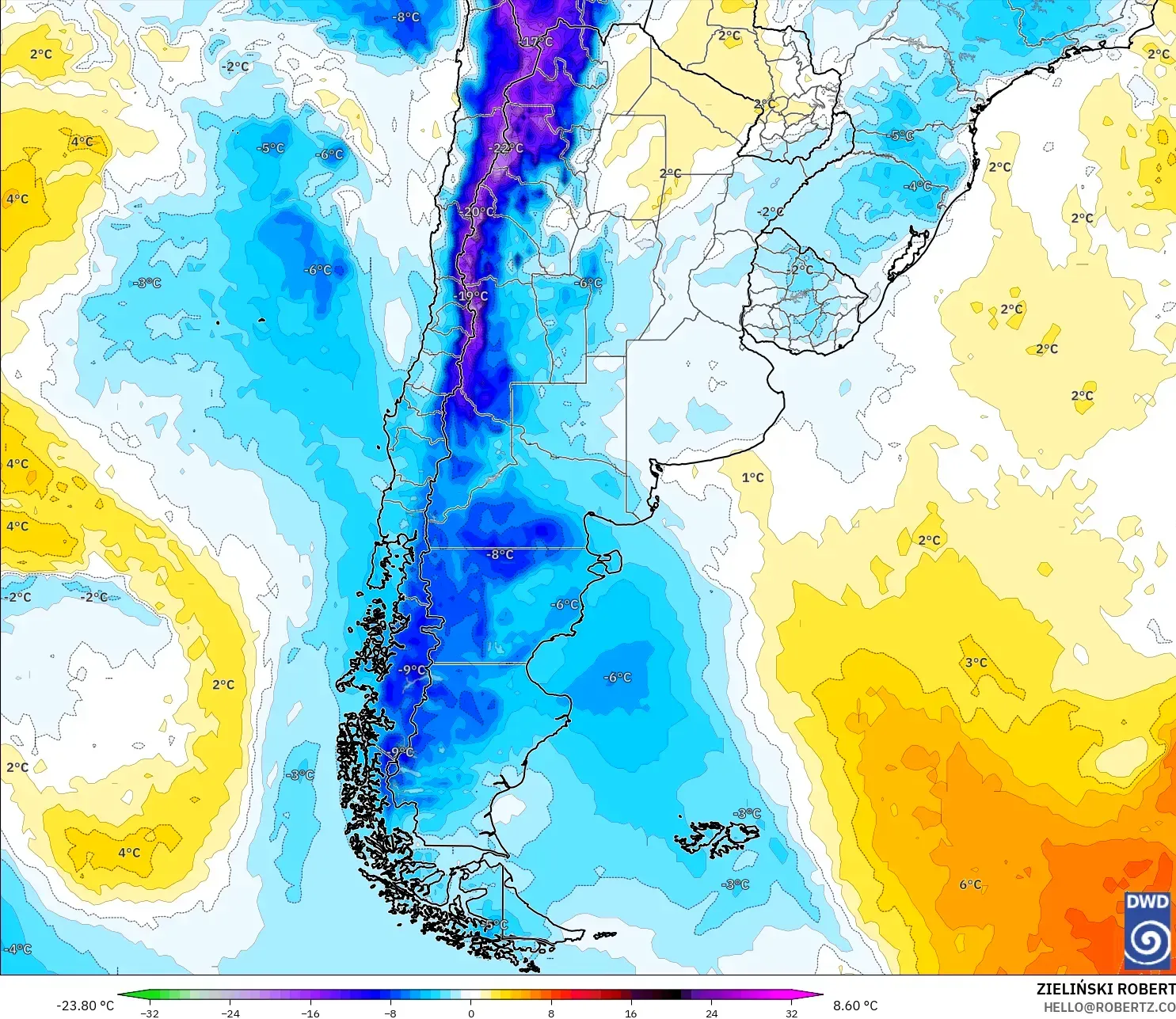 ICON model - Arjantin, 850 hPa Sıcaklık Anomalisi
