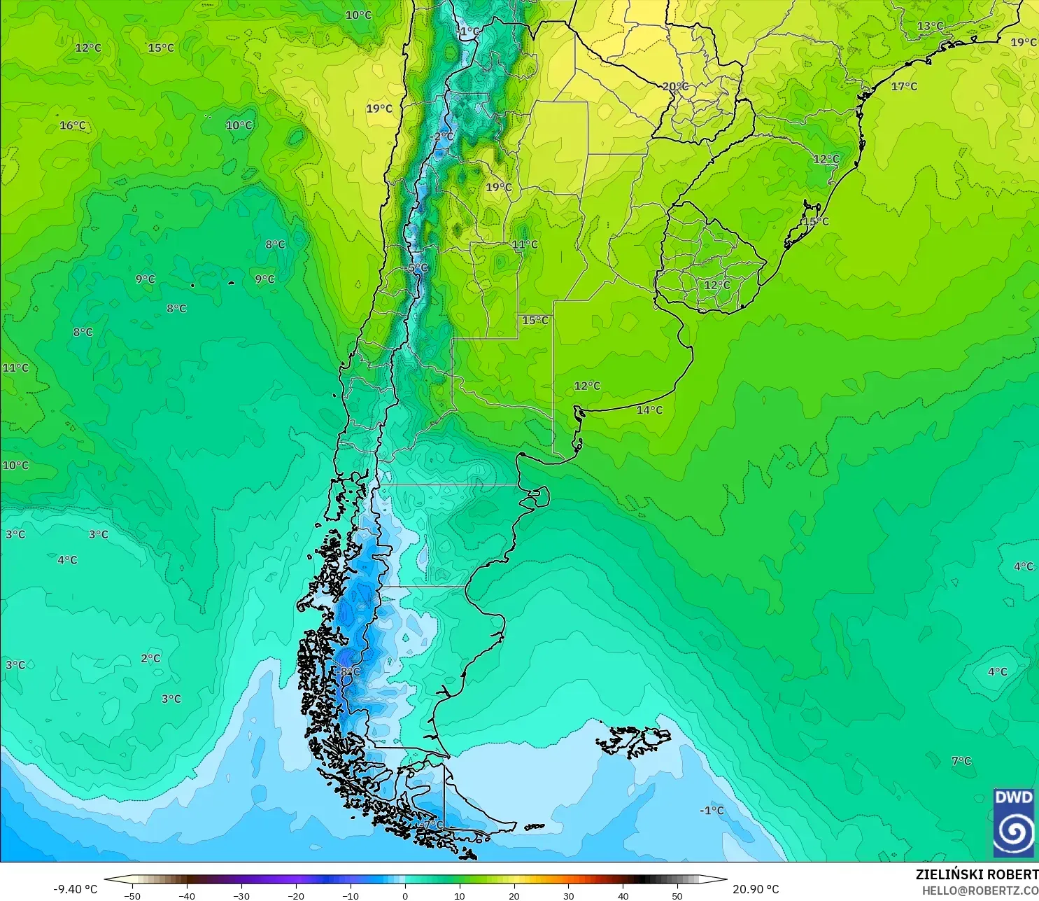 ICON model - Arjantin, 850 hPa Sıcaklık