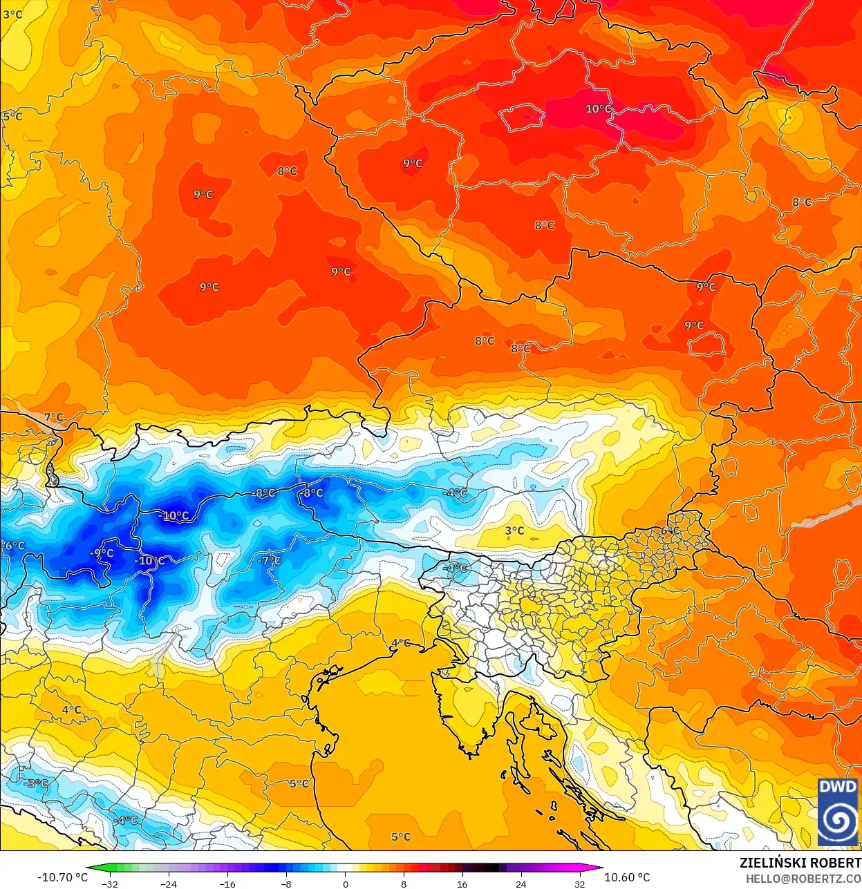 ICON model - Avusturya, 850 hPa Sıcaklık Anomalisi