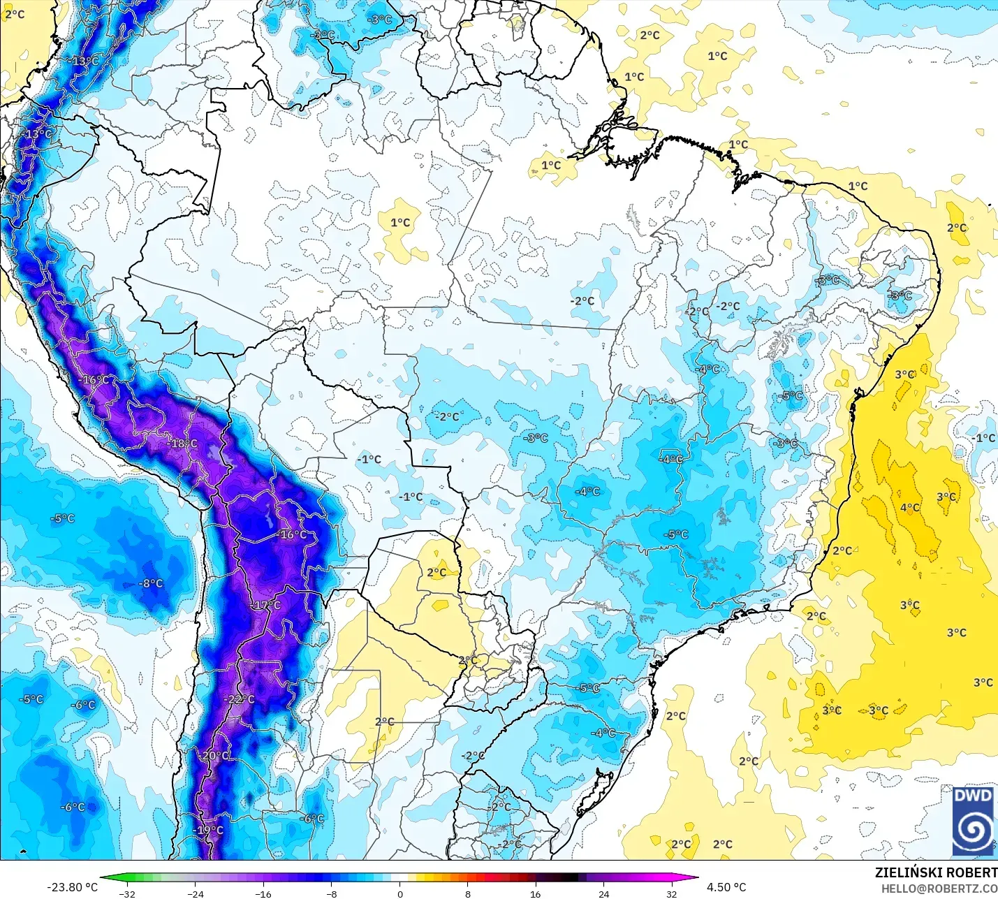 ICON model - Brezilya, 850 hPa Sıcaklık Anomalisi