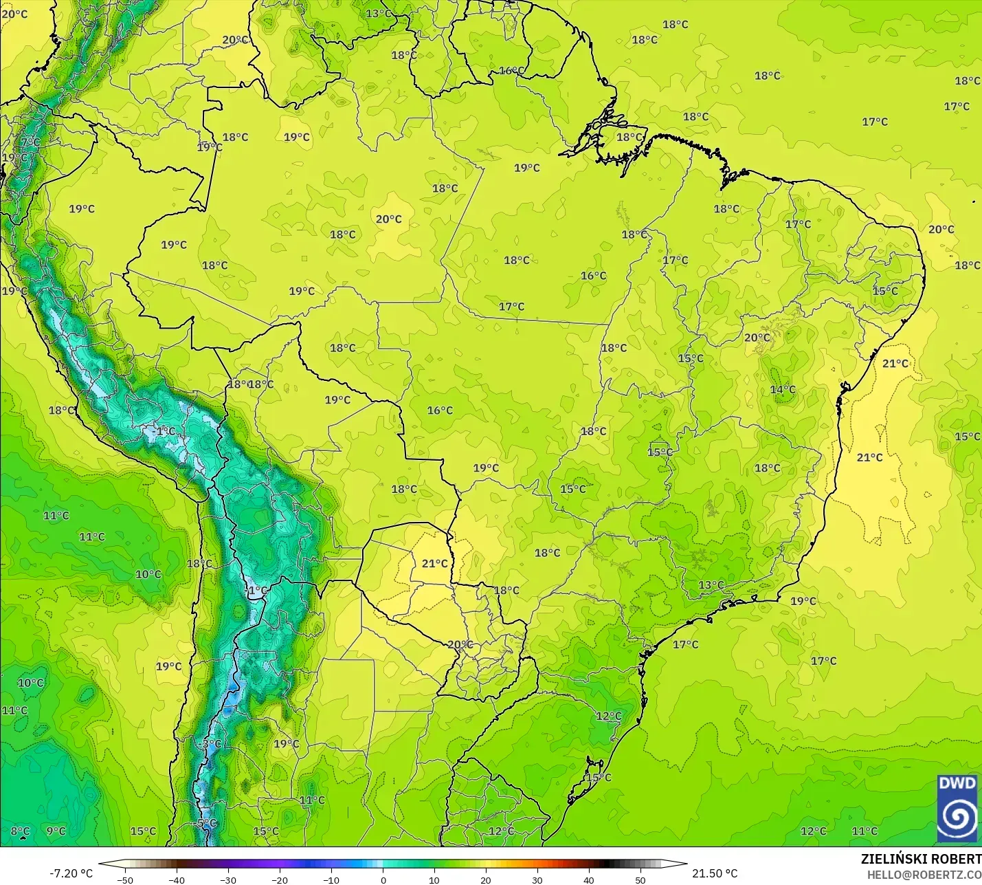 ICON model - Brezilya, 850 hPa Sıcaklık