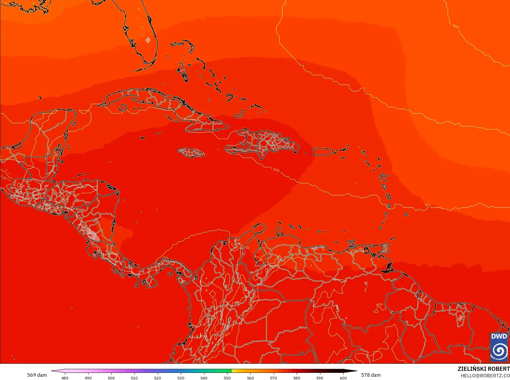 ICON model - Karayipler, 500 hPa’da jeopotansiyel yükseklik