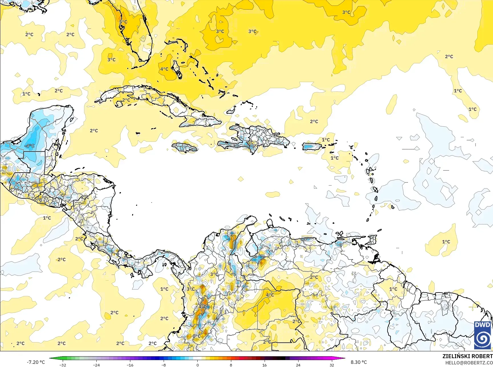 ICON model - Karayipler, 2 m Sıcaklık Anomalisi