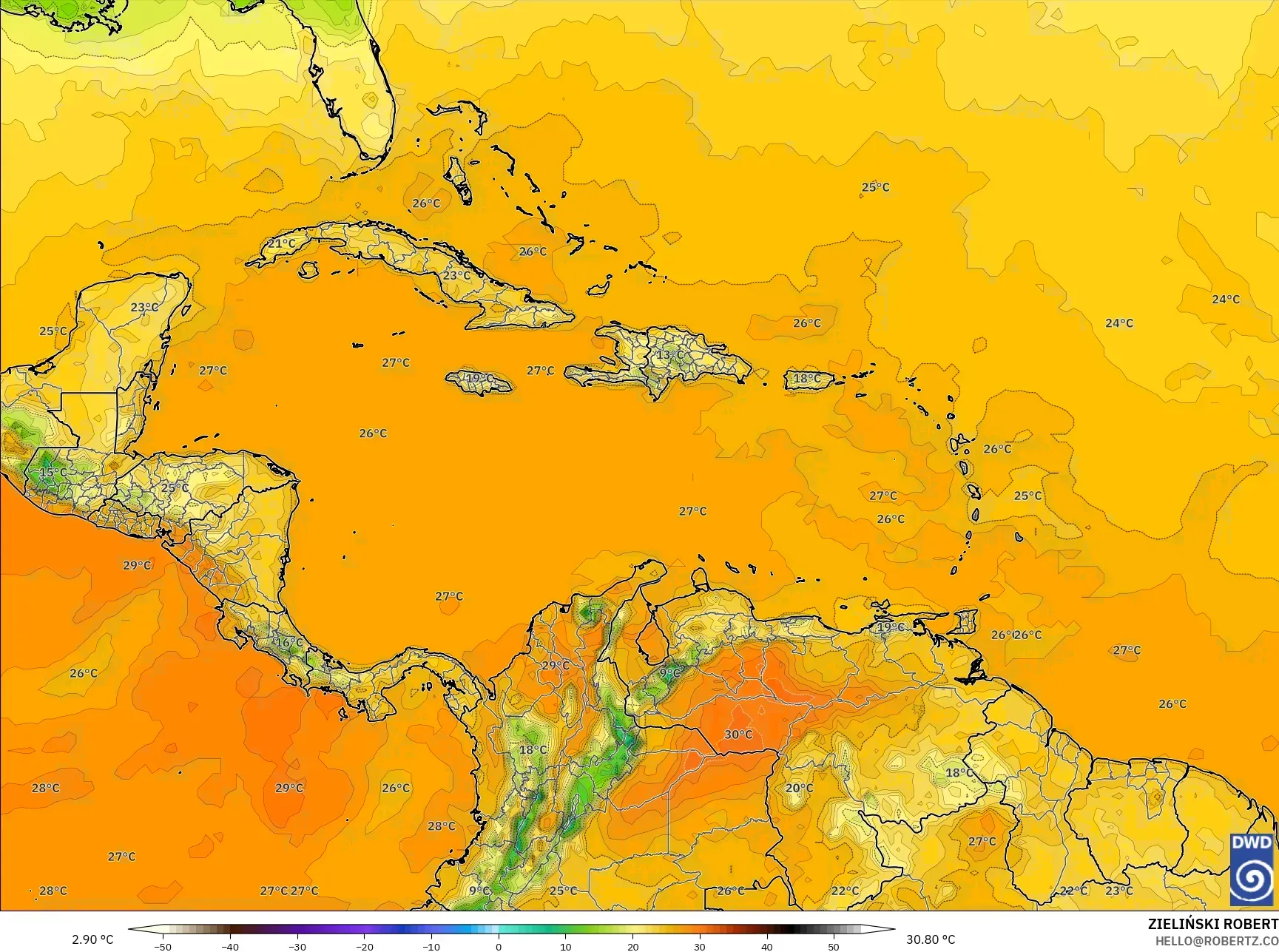 ICON model - Karayipler, 2 m Sıcaklık