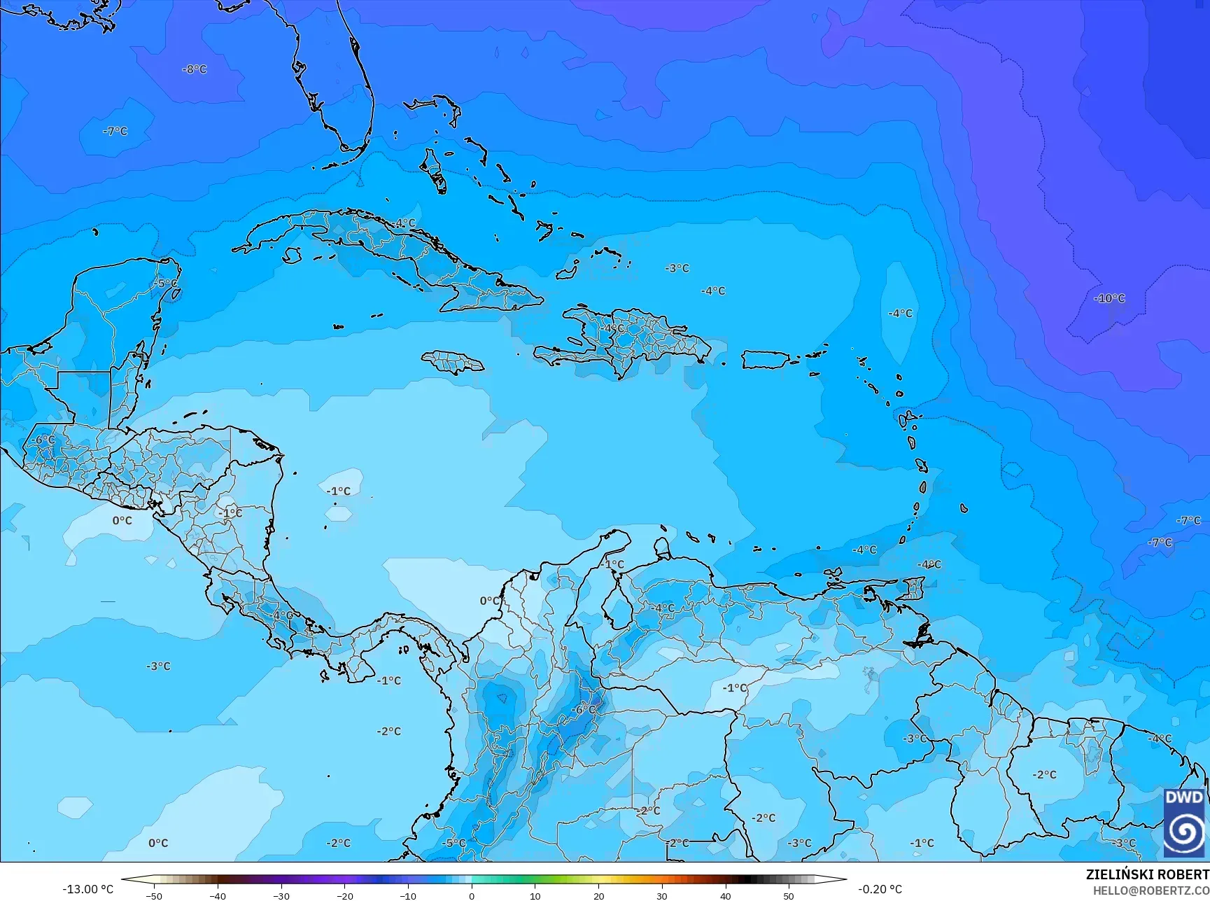 ICON model - Karayipler, 500 hPa Sıcaklık