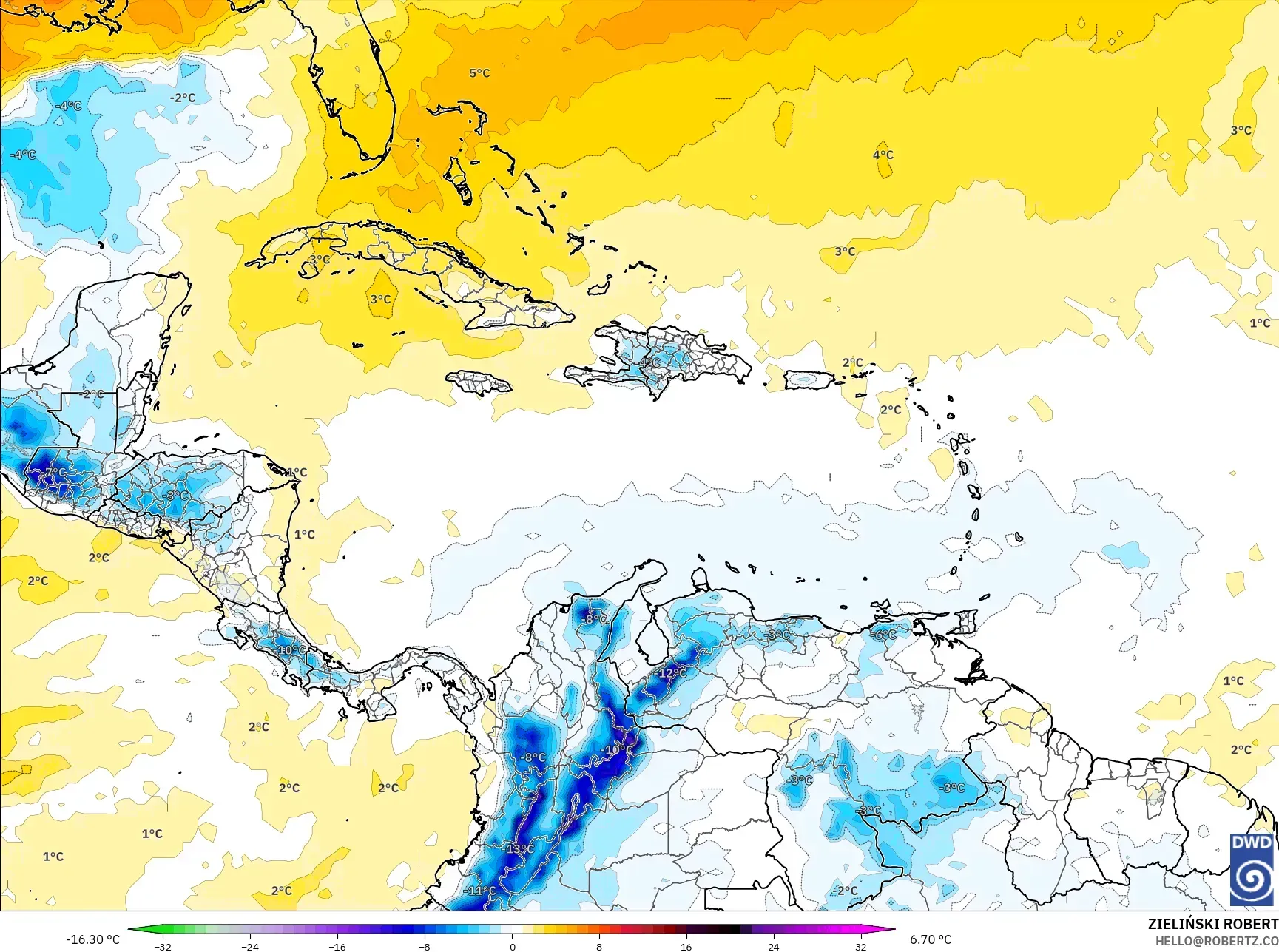 ICON model - Karayipler, 850 hPa Sıcaklık Anomalisi