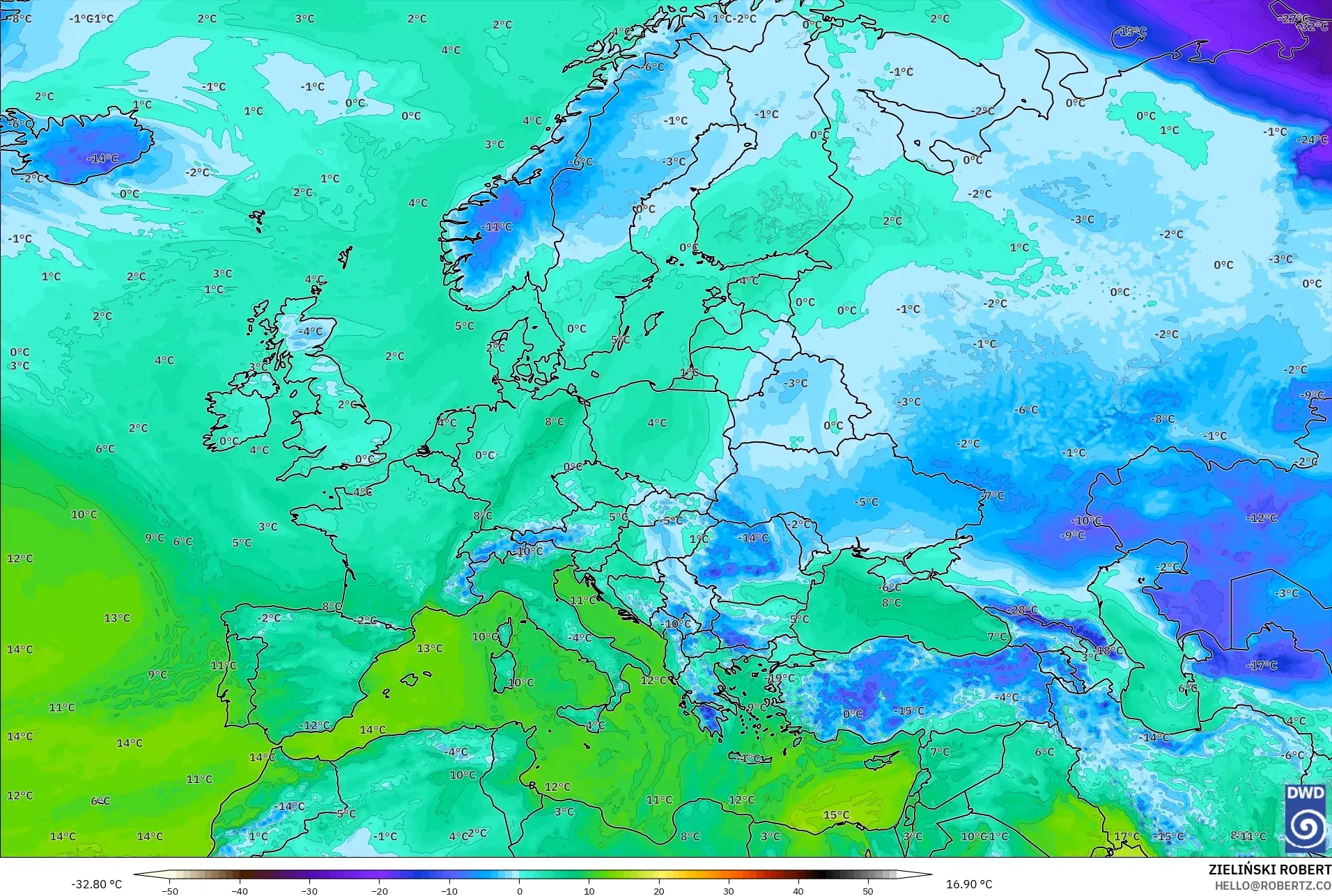 ICON model - Avrupa, 2 m Çiy Noktası