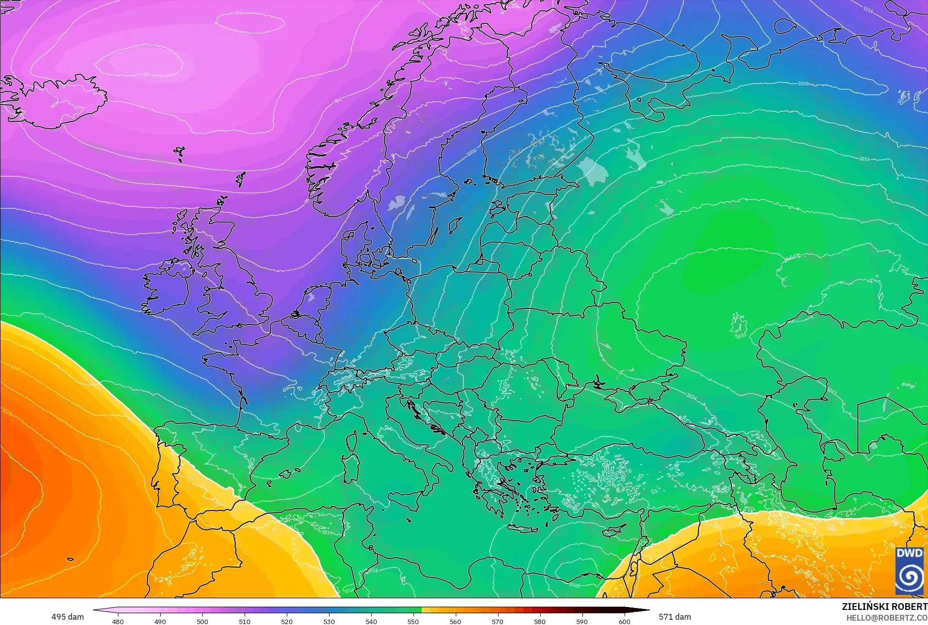 ICON model - Avrupa, 500 hPa’da jeopotansiyel yükseklik