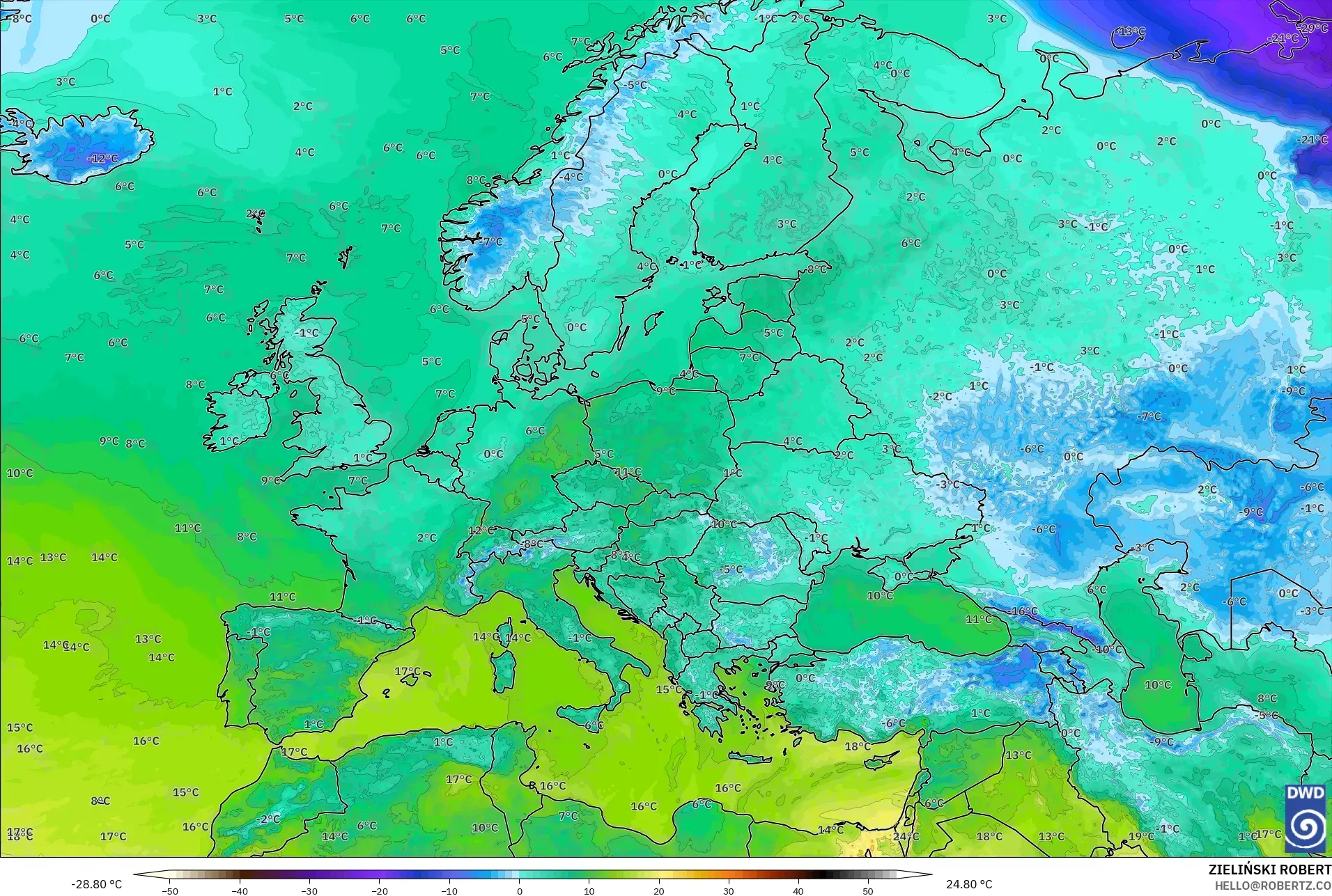 ICON model - Avrupa, 2 m Sıcaklık