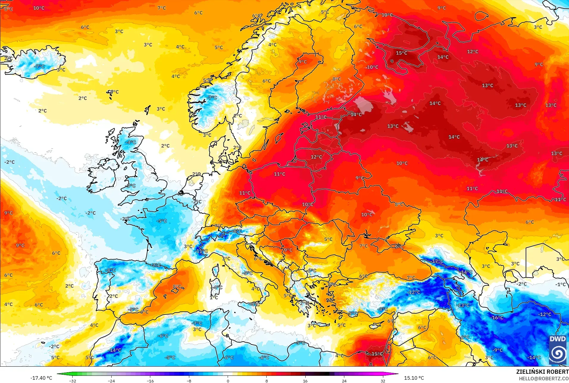 ICON model - Avrupa, 850 hPa Sıcaklık Anomalisi