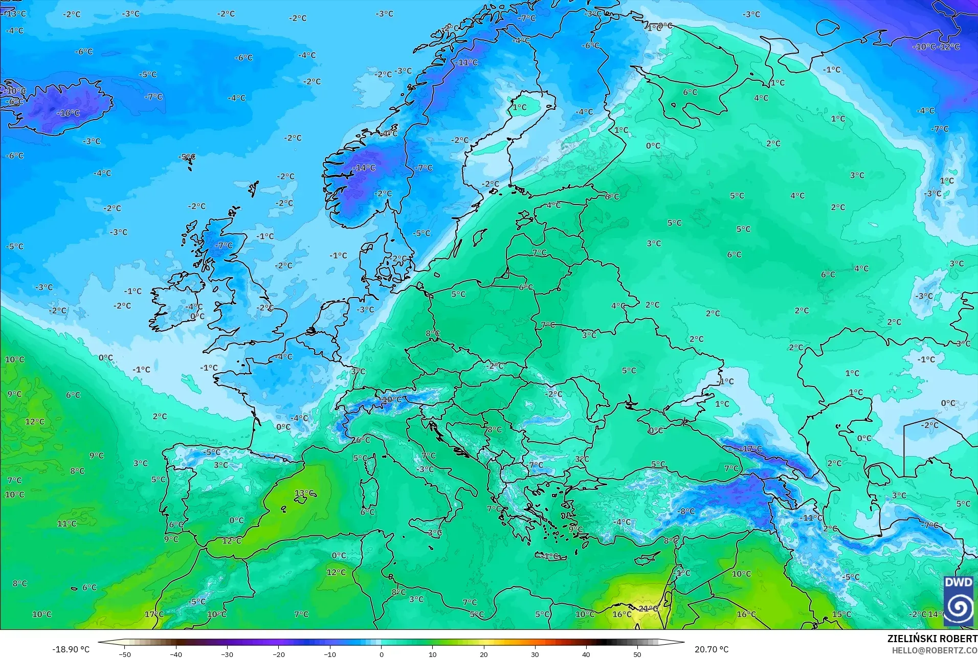 ICON model - Avrupa, 850 hPa Sıcaklık