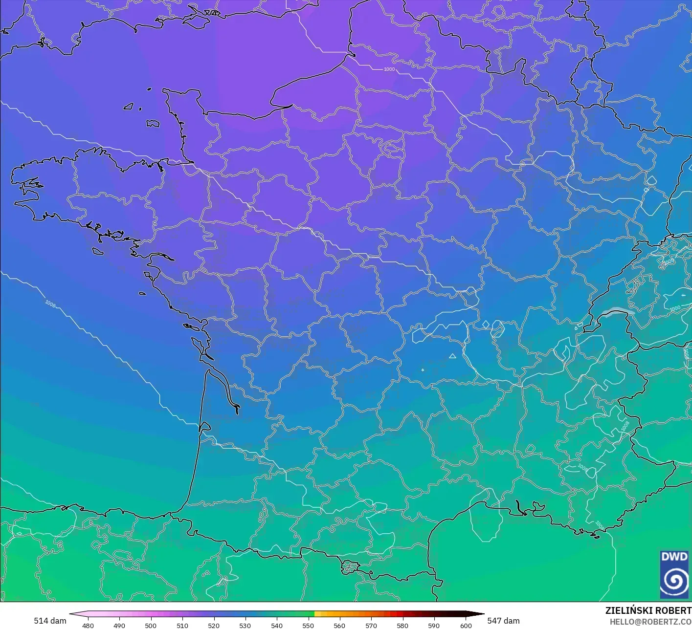 ICON model - Fransa, 500 hPa’da jeopotansiyel yükseklik