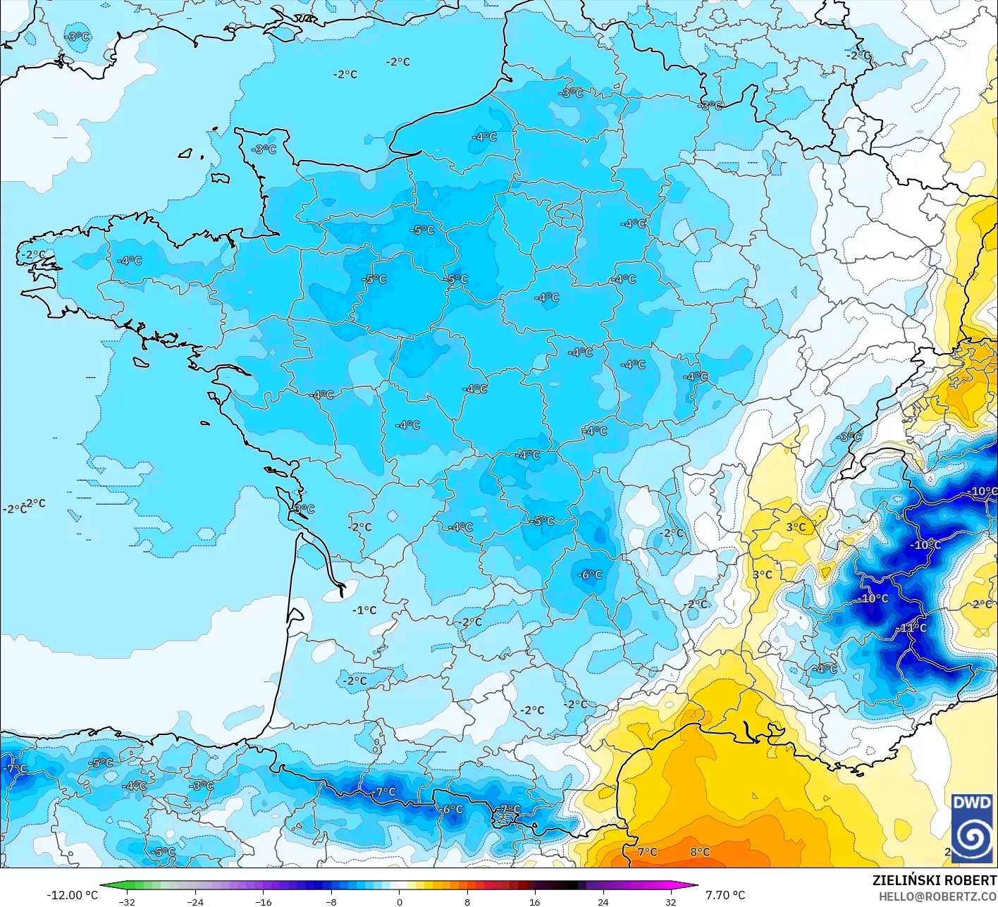 ICON model - Fransa, 850 hPa Sıcaklık Anomalisi